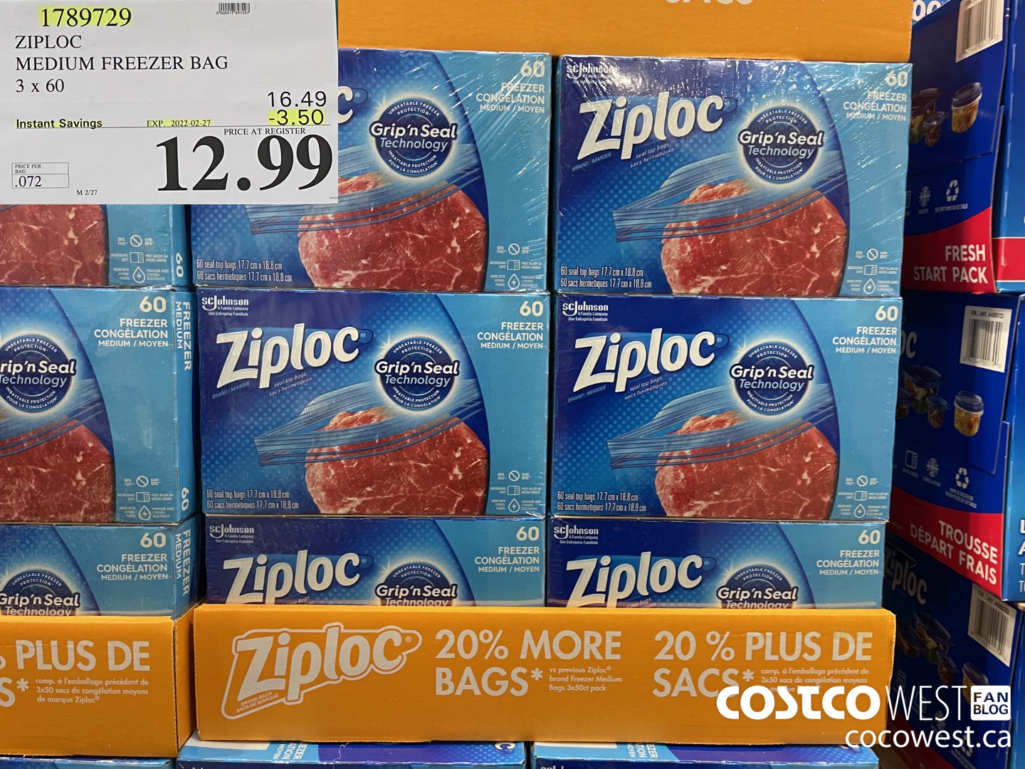 1789729 ZIPLOC MEDIUM FREEZER BAG 3 x 60 ($3.50 INSTANT SAVINGS EXPIRES ON 2022-02-27) $12.99