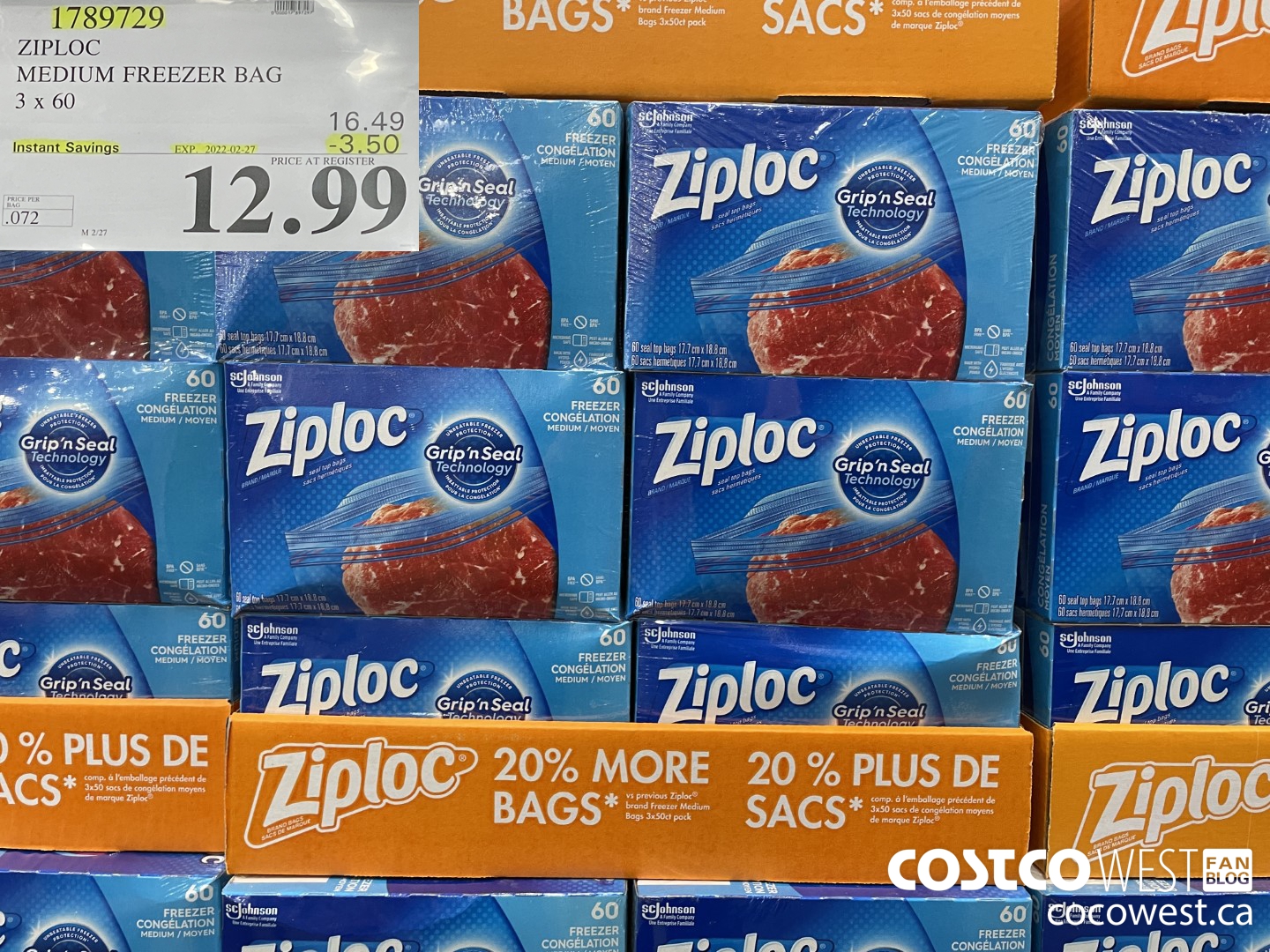 1789729 ZIPLOC MEDIUM FREEZER BAG 3 x 60 ($3.50 INSTANT SAVINGS EXPIRES ON 2022-02-27) $12.99