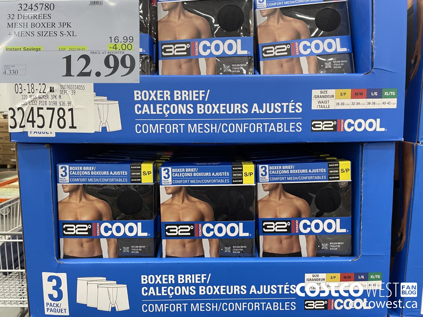 3245780 32 DEGREES MESH BOXER 3PK MENS SIZES S-XL  ($4.00 INSTANT SAVINGS EXPIRES ON 2022-04-03) $12.99