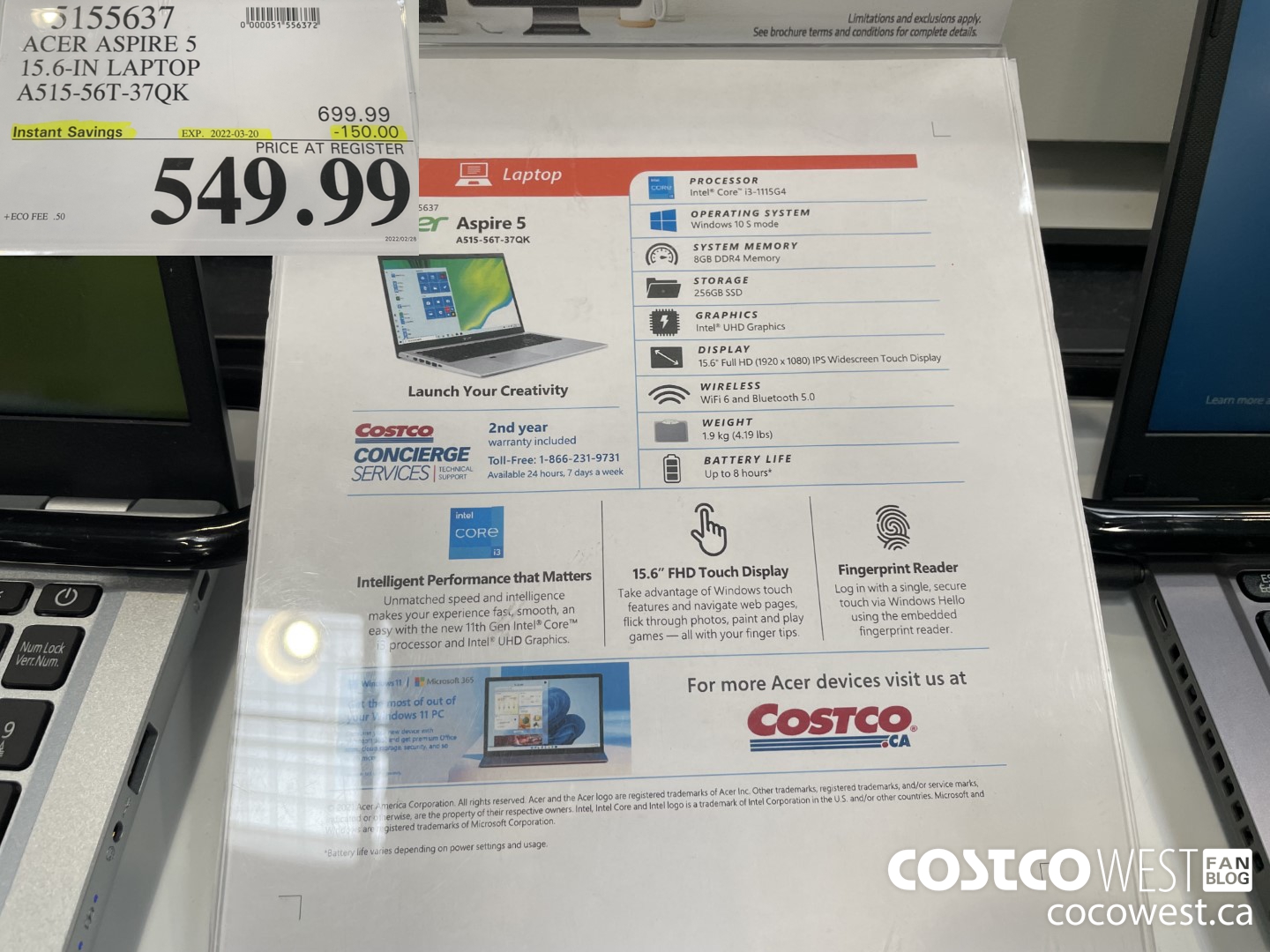 5155637 ACER ASPIRE 5 15.6-IN LAPTOP A515-56T-37QK ($150.00 INSTANT SAVINGS EXPIRES ON 2022-03-20) $549.99