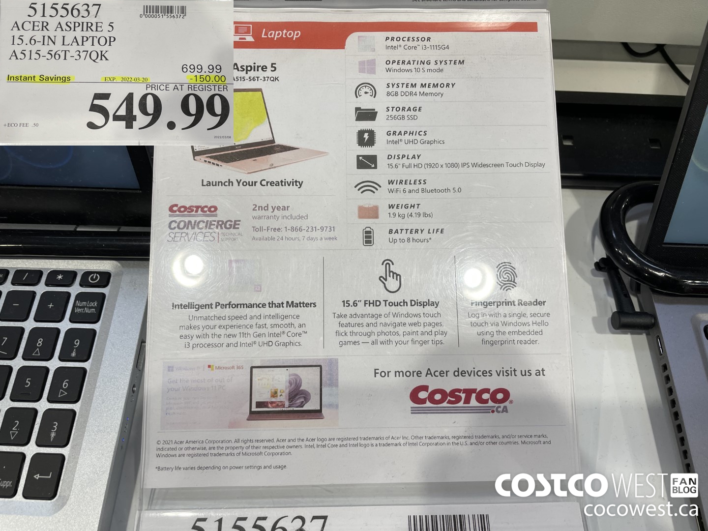 5155637 ACER ASPIRE 5 15.6-IN LAPTOP A515-56T-37QK ($150.00 INSTANT SAVINGS EXPIRES ON 2022-03-20) $549.99