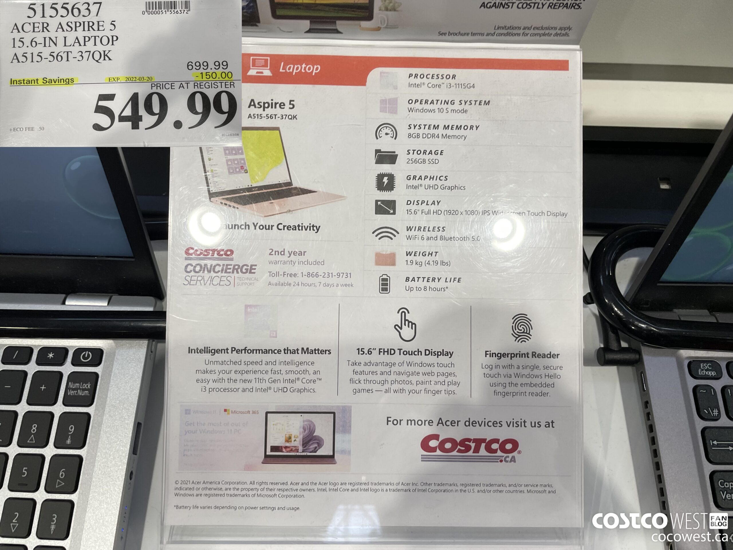 5155637 ACER ASPIRE 5 15.6-IN LAPTOP A515-56T-37QK ($150.00 INSTANT SAVINGS EXPIRES ON 2022-03-20) $549.99