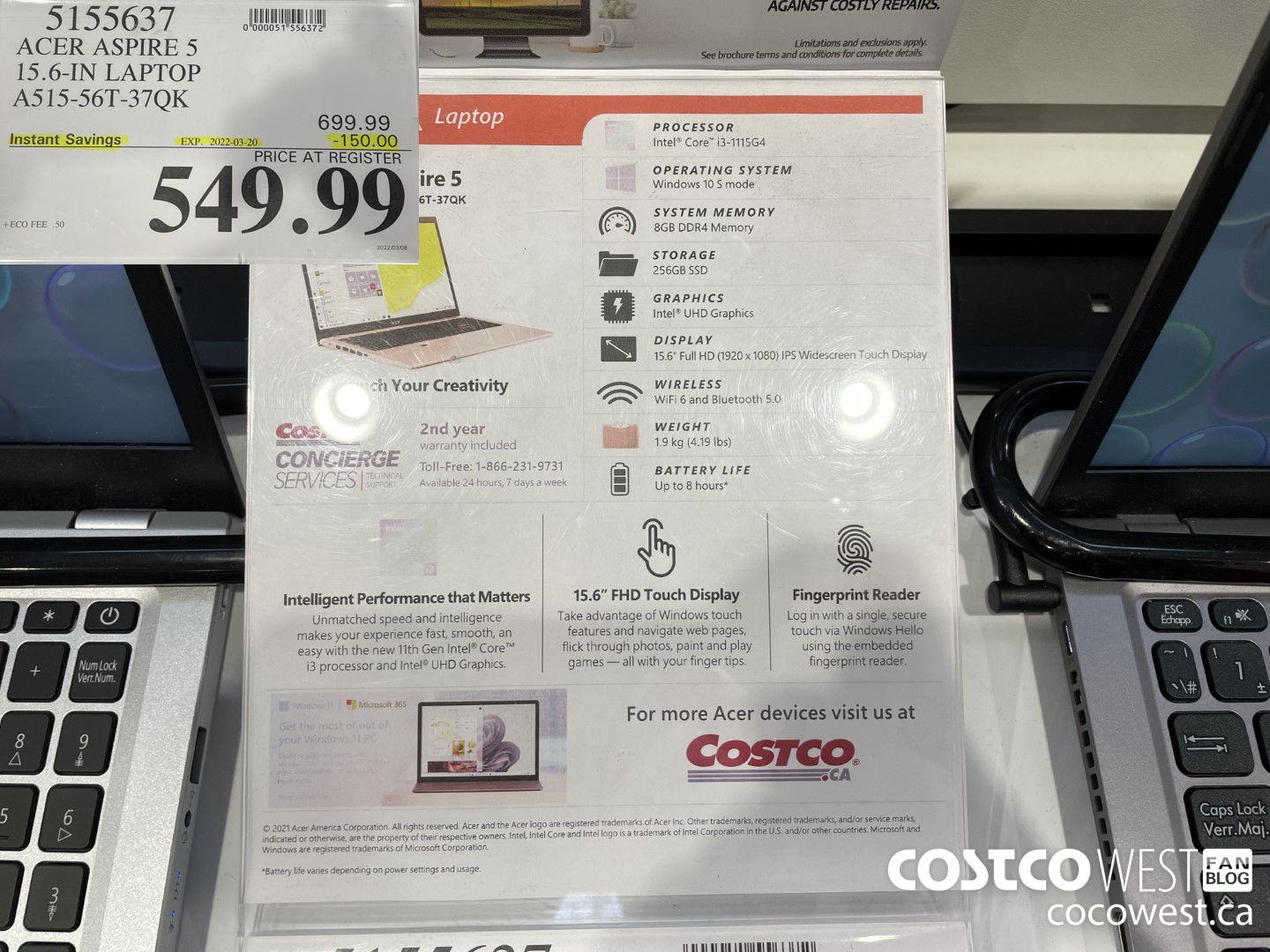 5155637 ACER ASPIRE 5 15.6-IN LAPTOP A515-56T-37QK ($150.00 INSTANT SAVINGS EXPIRES ON 2022-03-20) $549.99