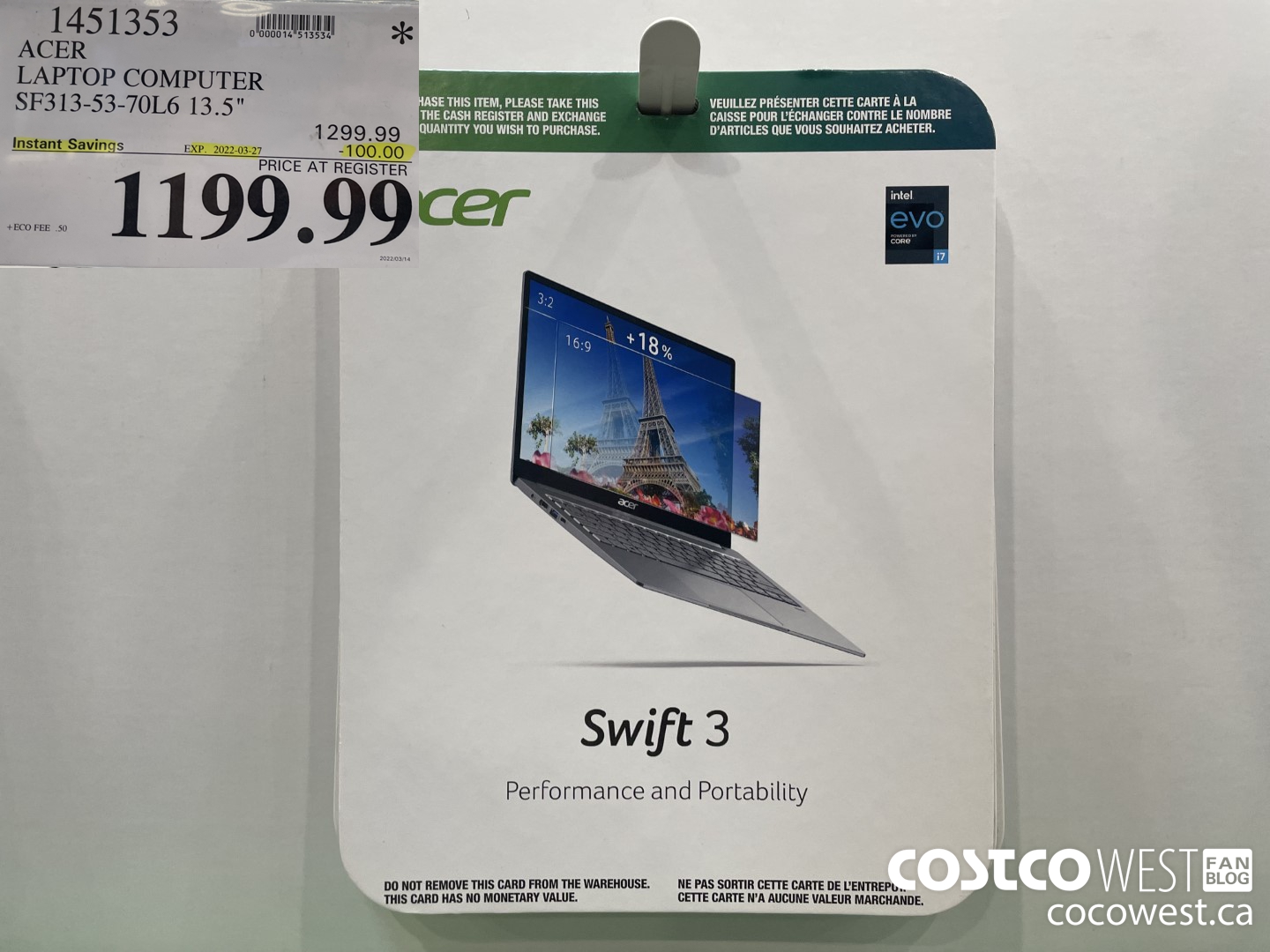 1451353 ACER LAPTOP COMPUTER SF313-53-70L6 13.5