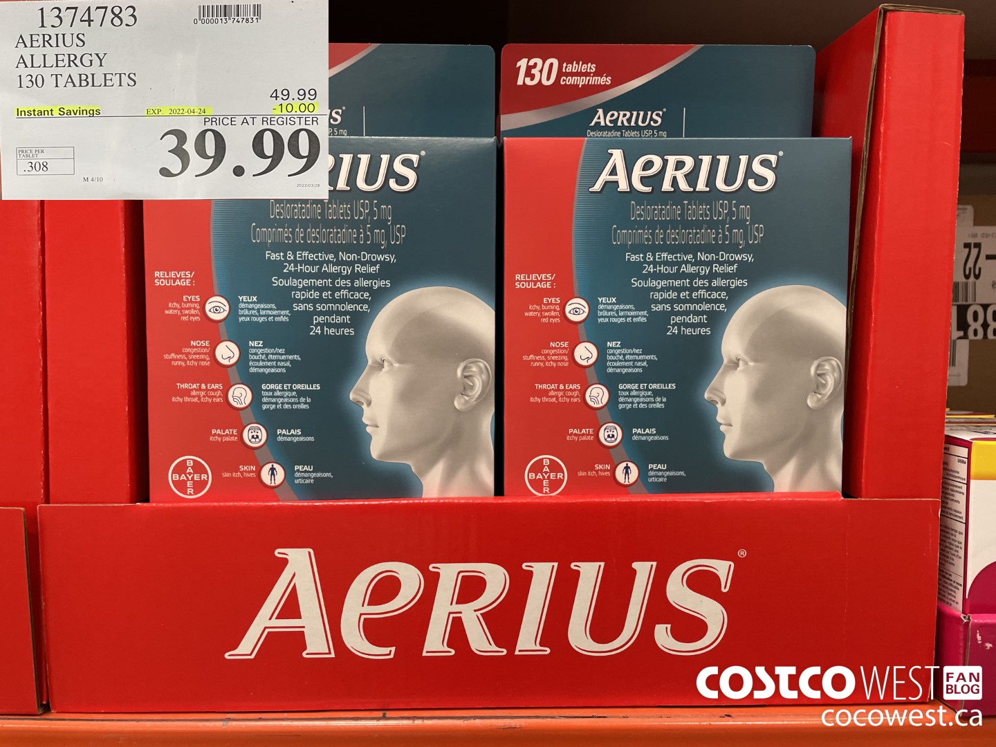 1374783 AERIUS ALLERGY 130 TABLETS ($10.00 INSTANT SAVINGS EXPIRES ON 2022-07-24) $39.99