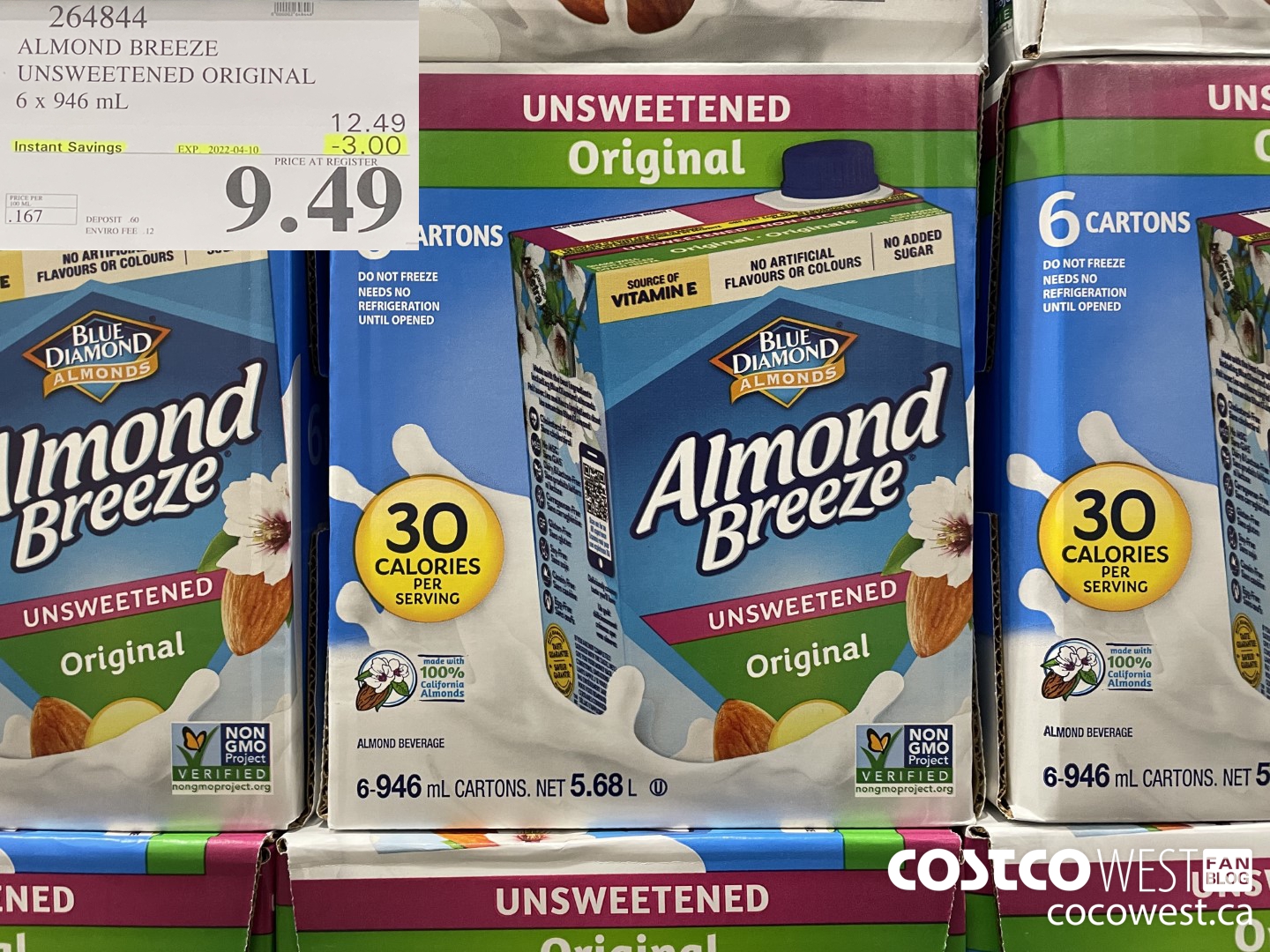 264844 ALMOND BREEZE UNSWEETENED ORIGINAL 6 x 946 mL ($3.00 INSTANT SAVINGS EXPIRES ON 2022-04-10) $9.49