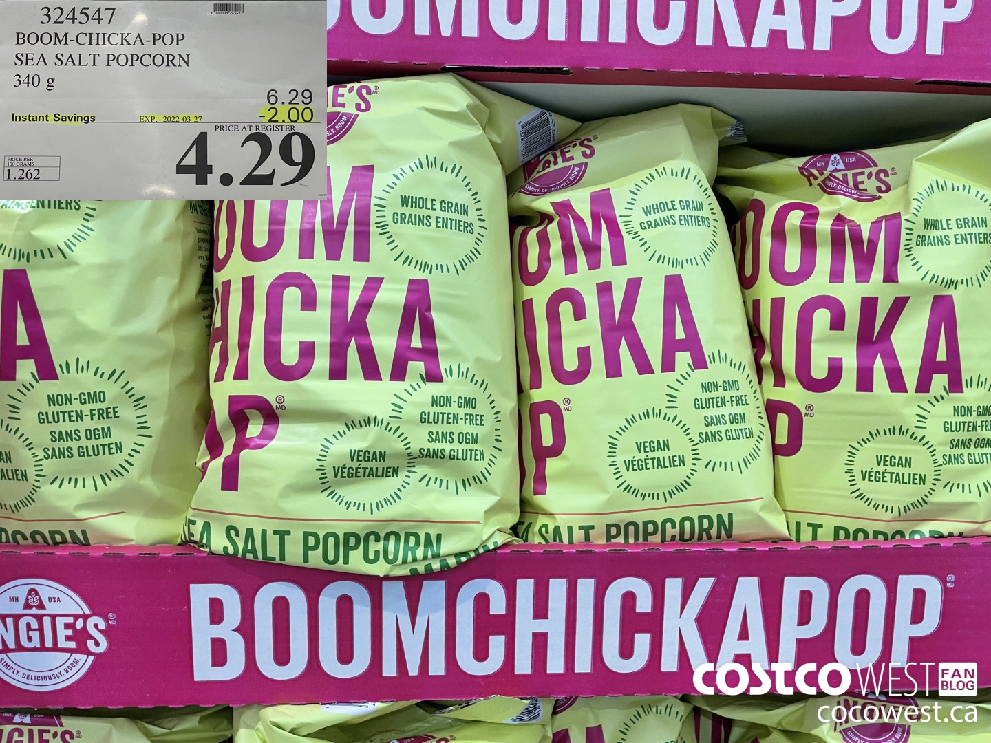 324547 ANGIE'S BOOM-CHICK-A-POP SEA SALT POPCORN 340 g ($2.00 INSTANT SAVINGS EXPIRES ON 2022-03-27) $4.29