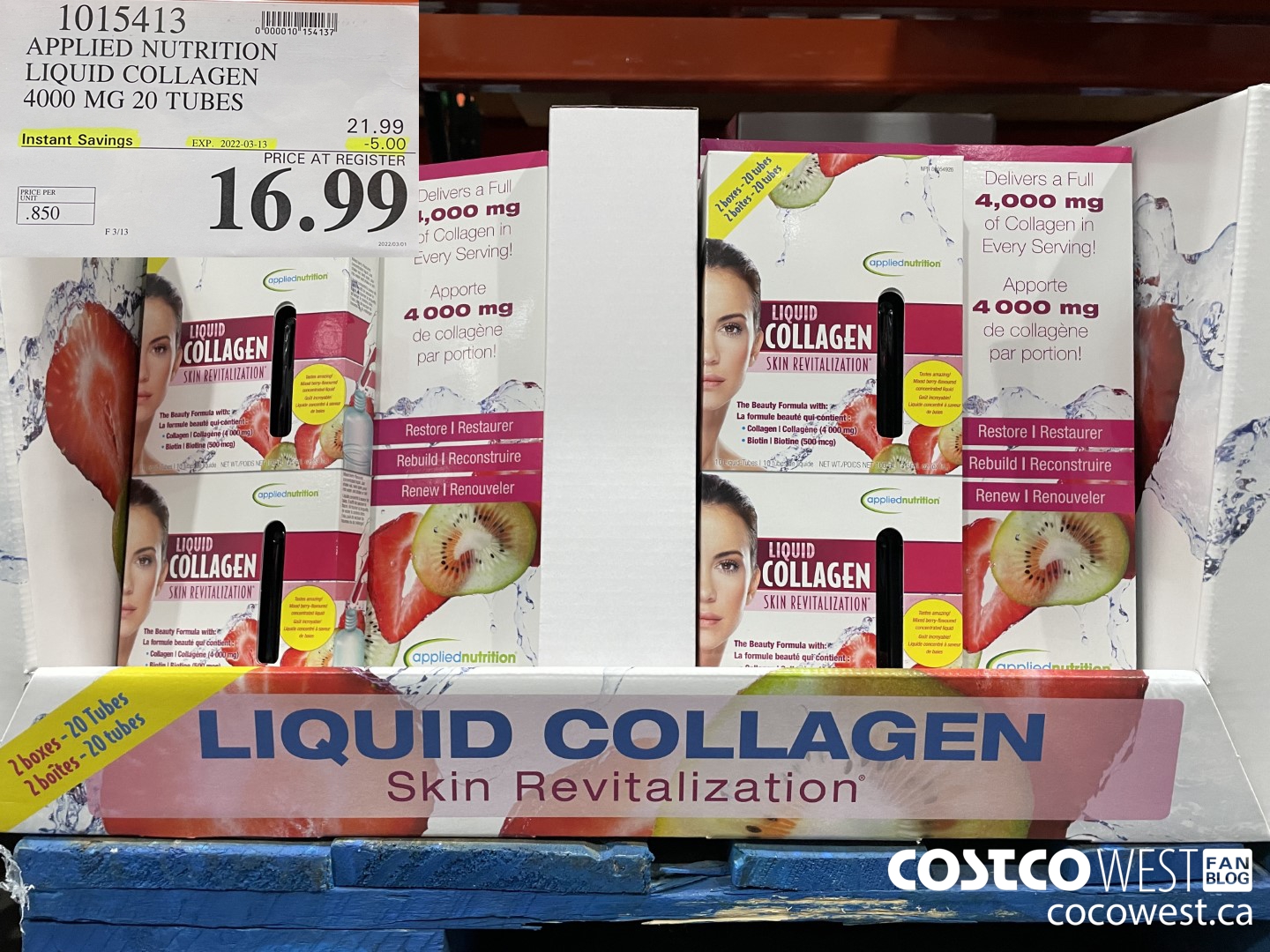 1015413 APPLIED NUTRITION LIQUID COLLAGEN 4000 MG 20 TUBES ($5.00 INSTANT SAVINGS EXPIRES ON 2022-03-13) $16.99