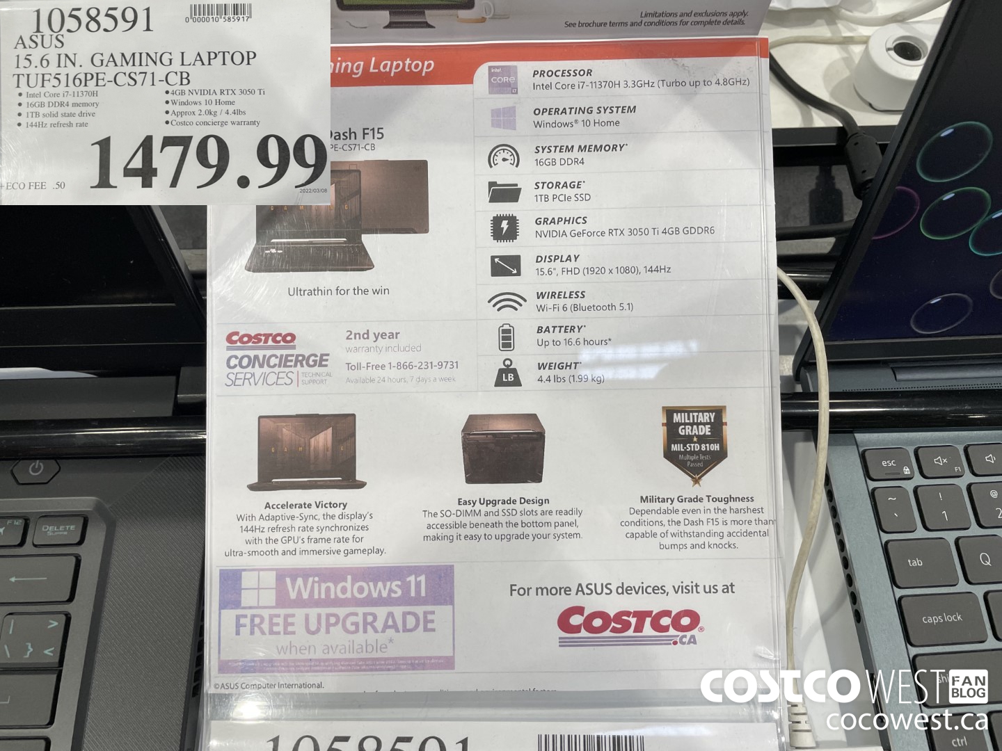 1058591 ASUS 15.6 IN. GAMING LAPTOP TUF516PE-CS71-CB $1479.99