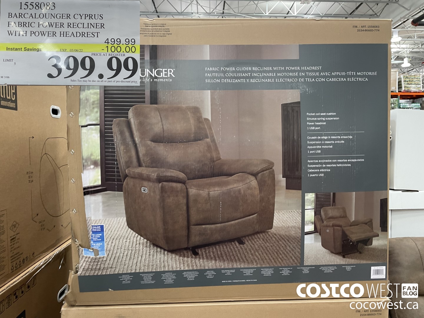 1558083 BARCALOUNGER CYPRUS FABRIC POWER RECLINER WITH POWER HEADREST ($100.00 INSTANT SAVINGS EXPIRES ON 2022-03-06) $399.99