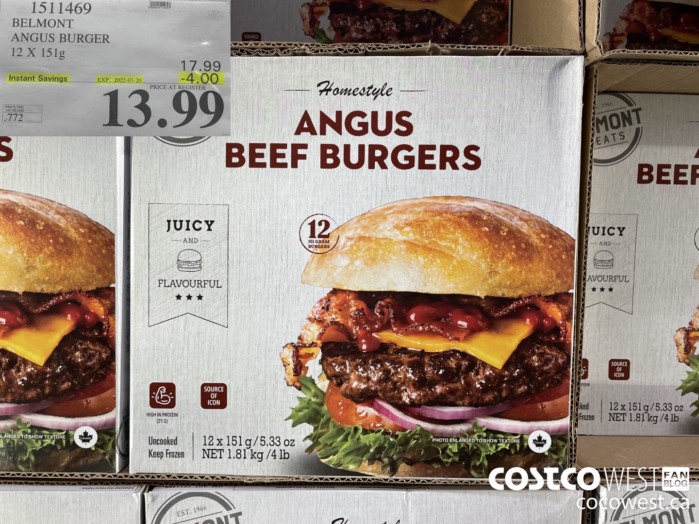 1511469 BELMONT ANGUS BURGER 12 X 151 g ($4.00 INSTANT SAVINGS EXPIRES ON 2022-03-20) $13.99