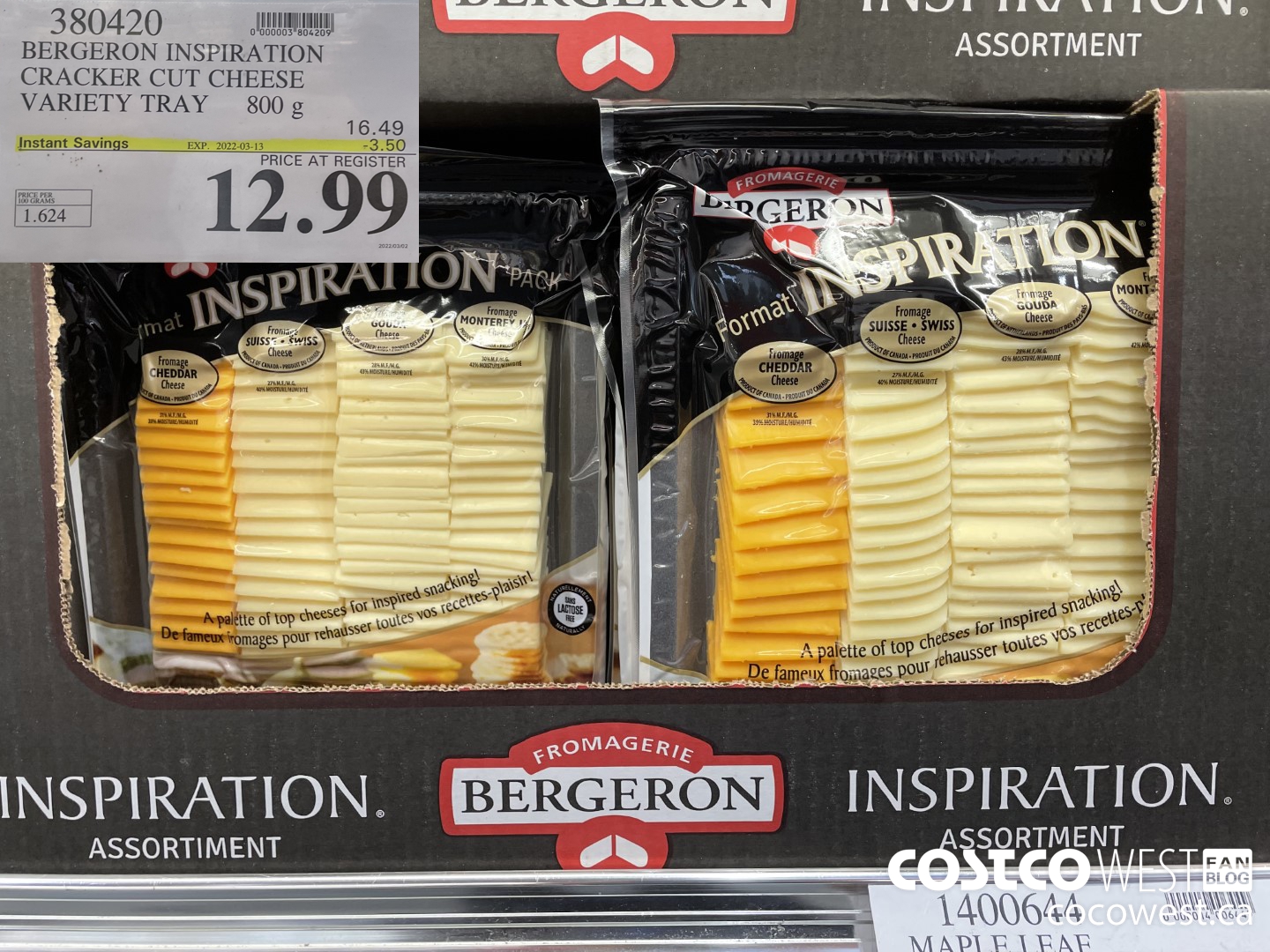 380420 BERGERON INSPIRATION CRACKER CUT CHEESE VARIETY TRAY 800 g ($3.50 INSTANT SAVINGS EXPIRES ON 2022-03-13) $12.49