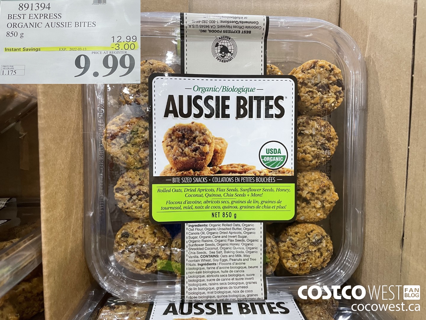 891394 BEST EXPRESS ORGANIC AUSSIE BITES 850 g ($3.00 INSTANT SAVINGS EXPIRES ON 2021-03-13) $9.99