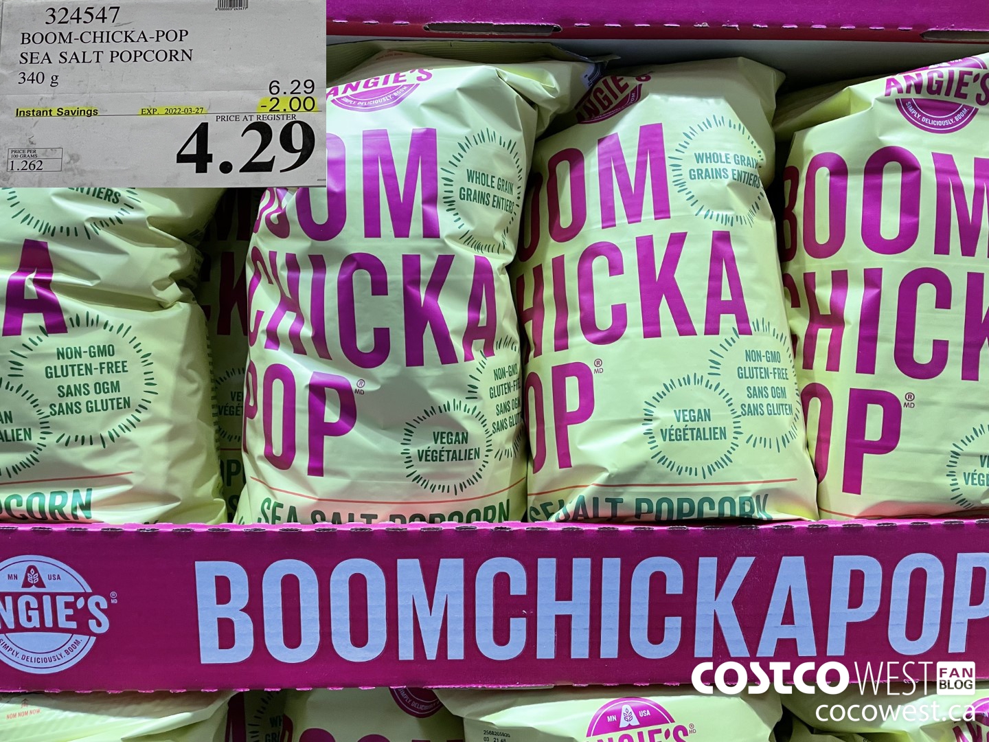 324547 BOOM-CHICKA-POP SEA SALT POPCORN 340 g ($2.00 INSTANT SAVINGS EXPIRES ON 2022-03-27) $4.29