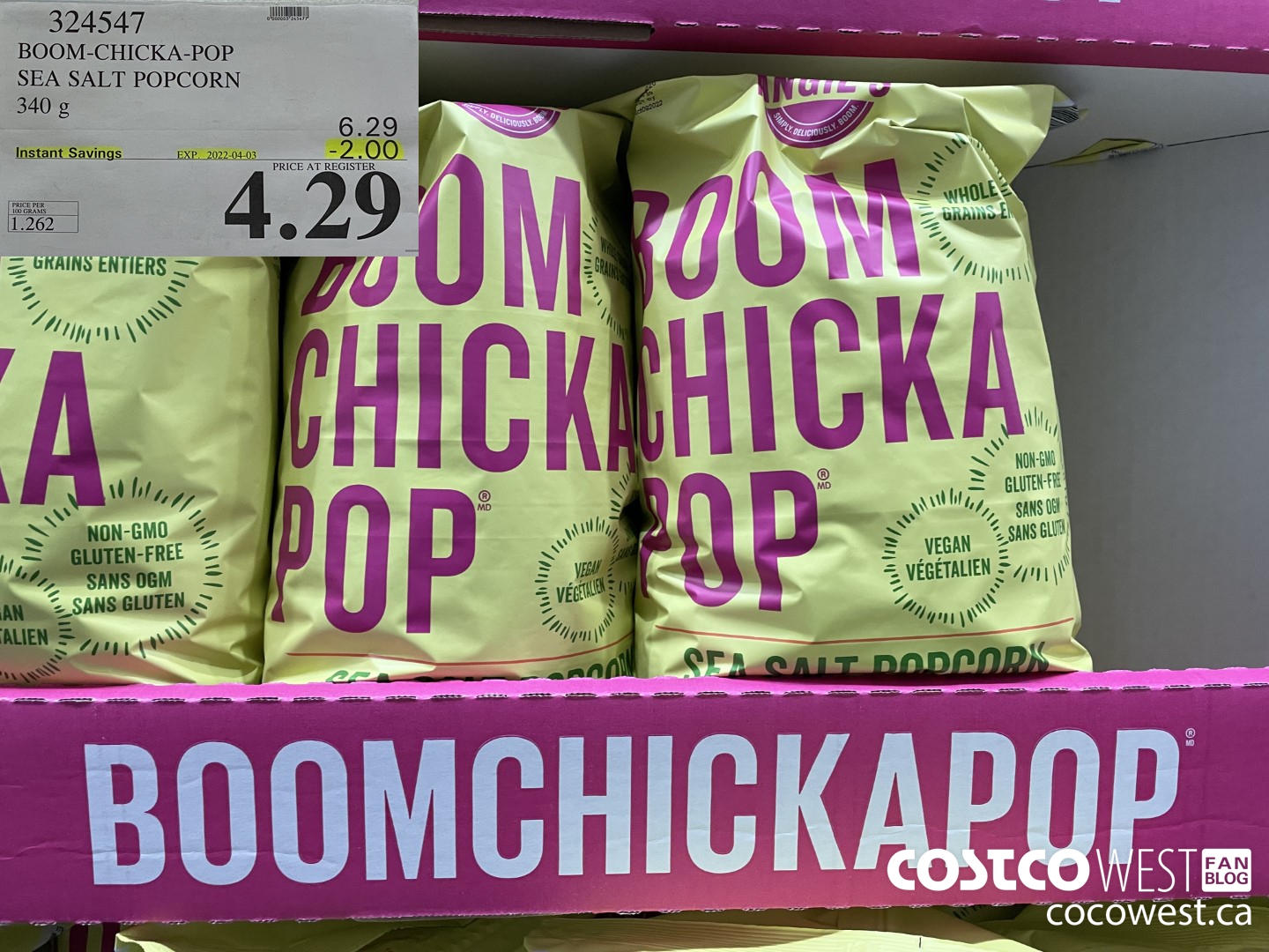 324547 BOOM-CHICKA-POP SEA SALT POPCORN 340 g ($2.00 INSTANT SAVINGS EXPIRES ON 2022-04-03) $4.29