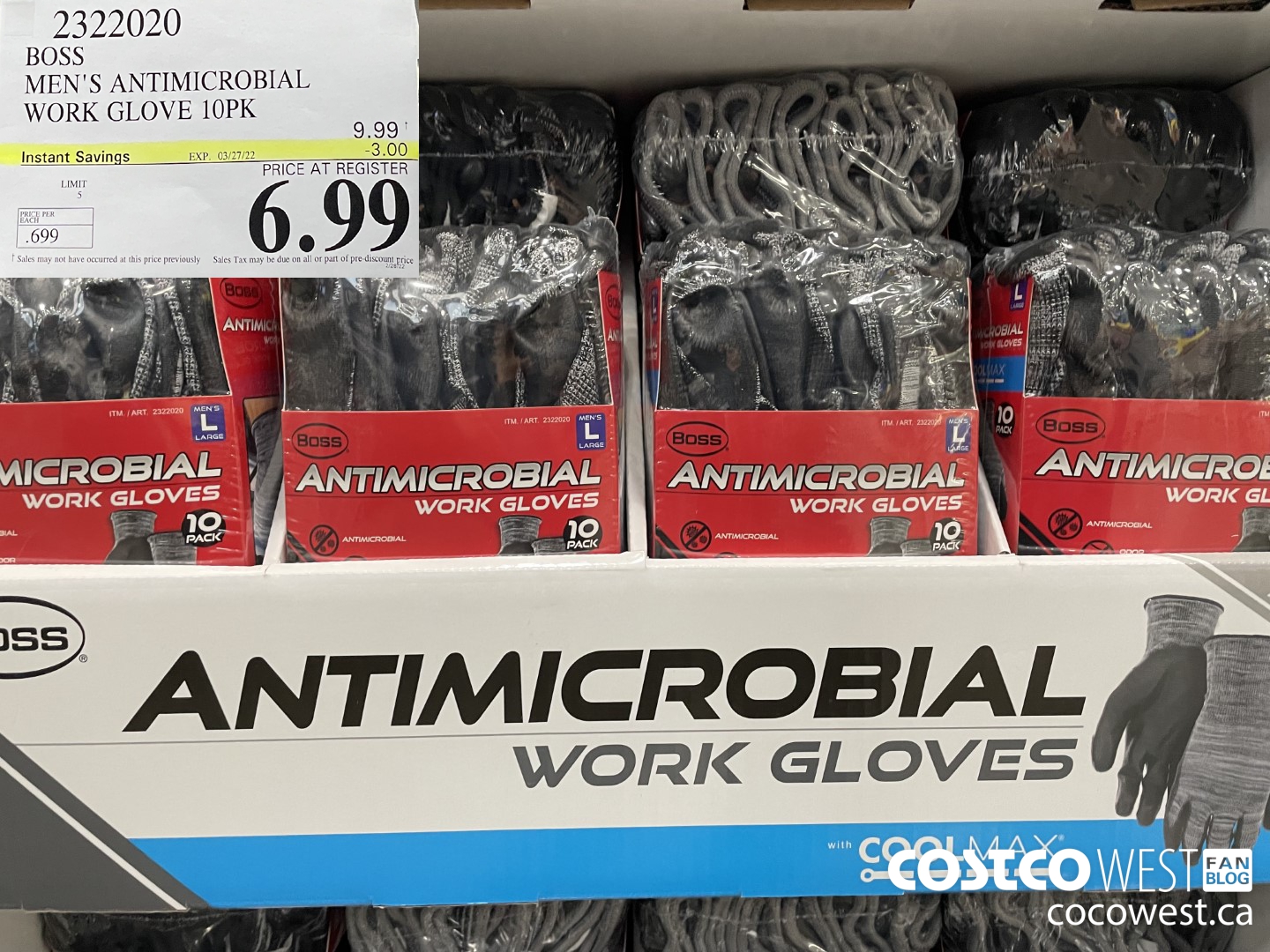 2322020 BOSS MEN'S ANTIMICROBIAL WORK GLOVE 10PK ($3.00 INSTANT SAVINGS EXPIRES ON 2022-03-27) $6.99
