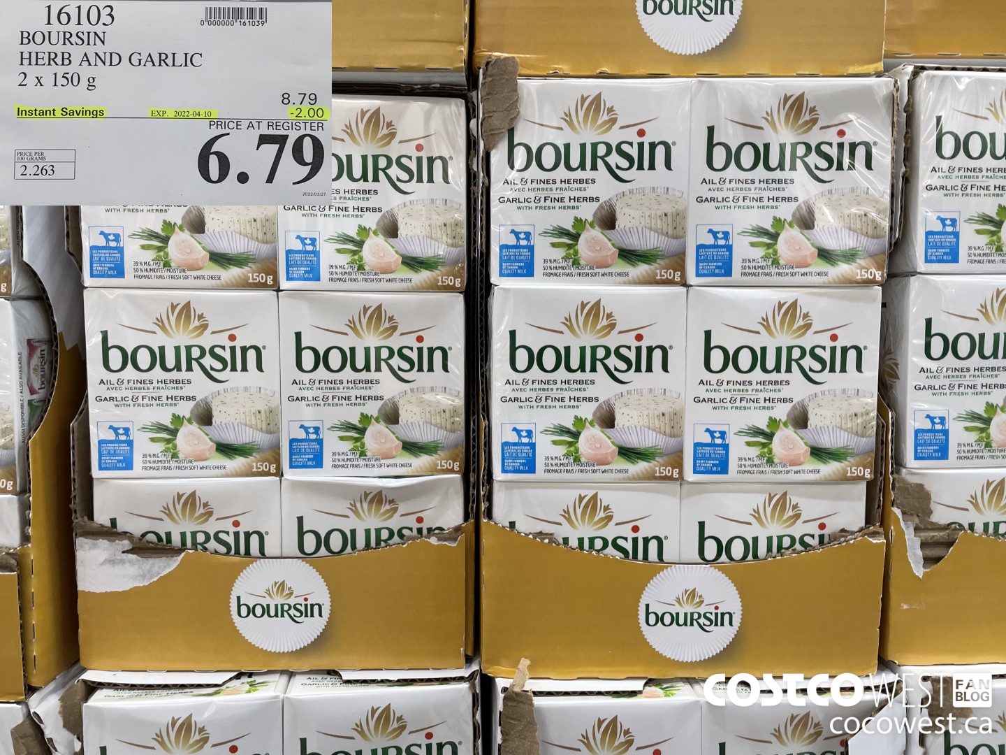 16103 BOURSIN HERB AND GARLIC 2 x 150 g ($2.00 INSTANT SAVINGS EXPIRES ON 2022-04-10) $6.79