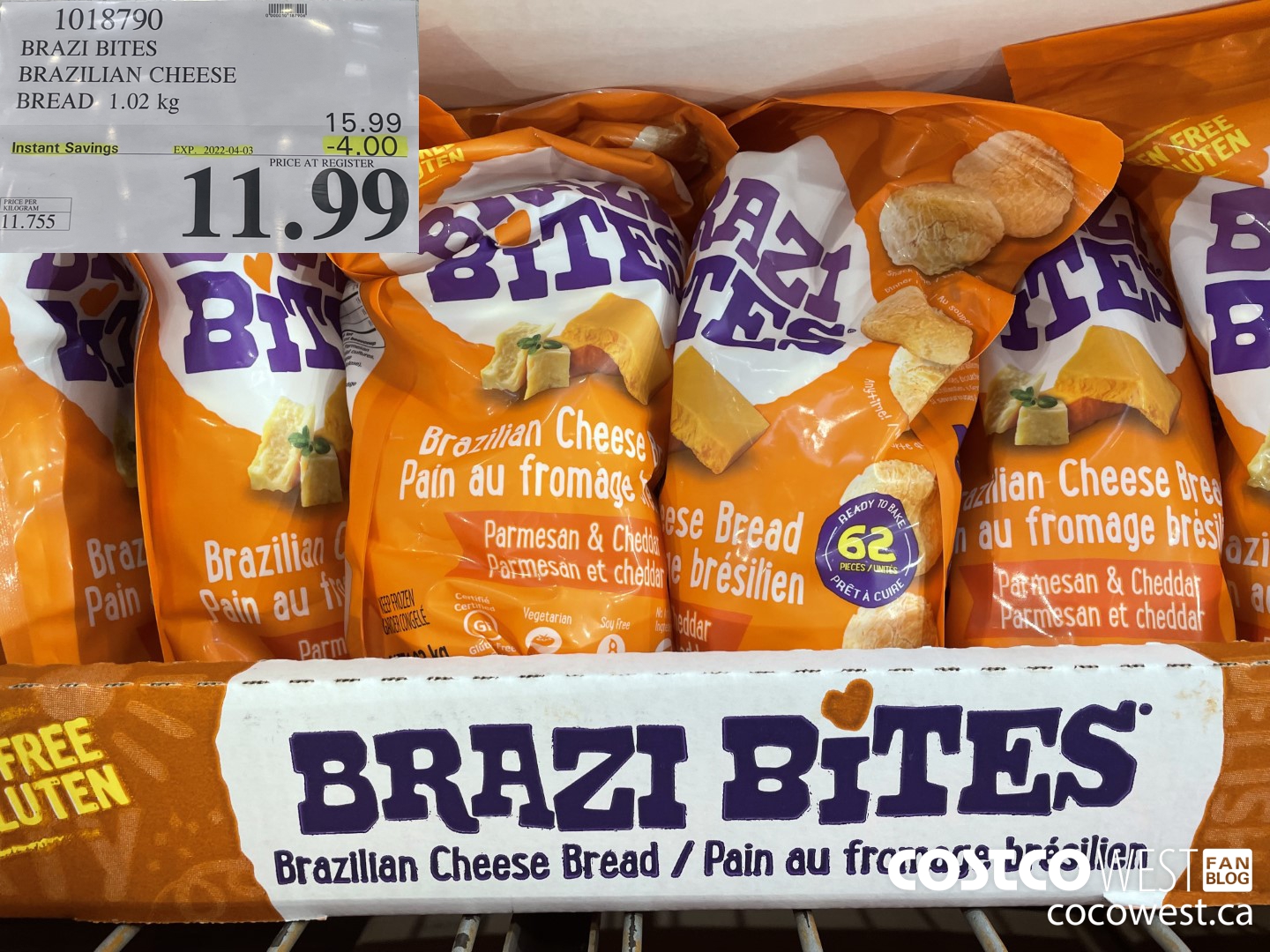 1018790 BRAZI BITES BRAZILIAN CHEESE BREAD 1.02 kg ($4.00 INSTANT SAVINGS EXPIRES ON 2022-04-03) $11.99