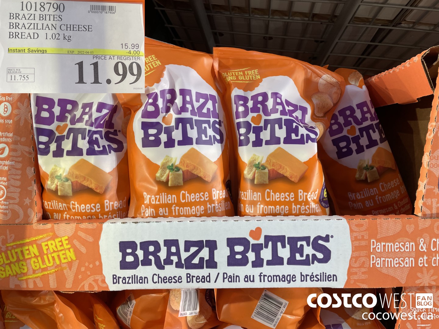 1018790 BRAZI BITES BRAZILIAN CHEESE BREAD 1.02 kg ($4.00 INSTANT SAVINGS EXPIRES ON 2022-04-03) $11.99