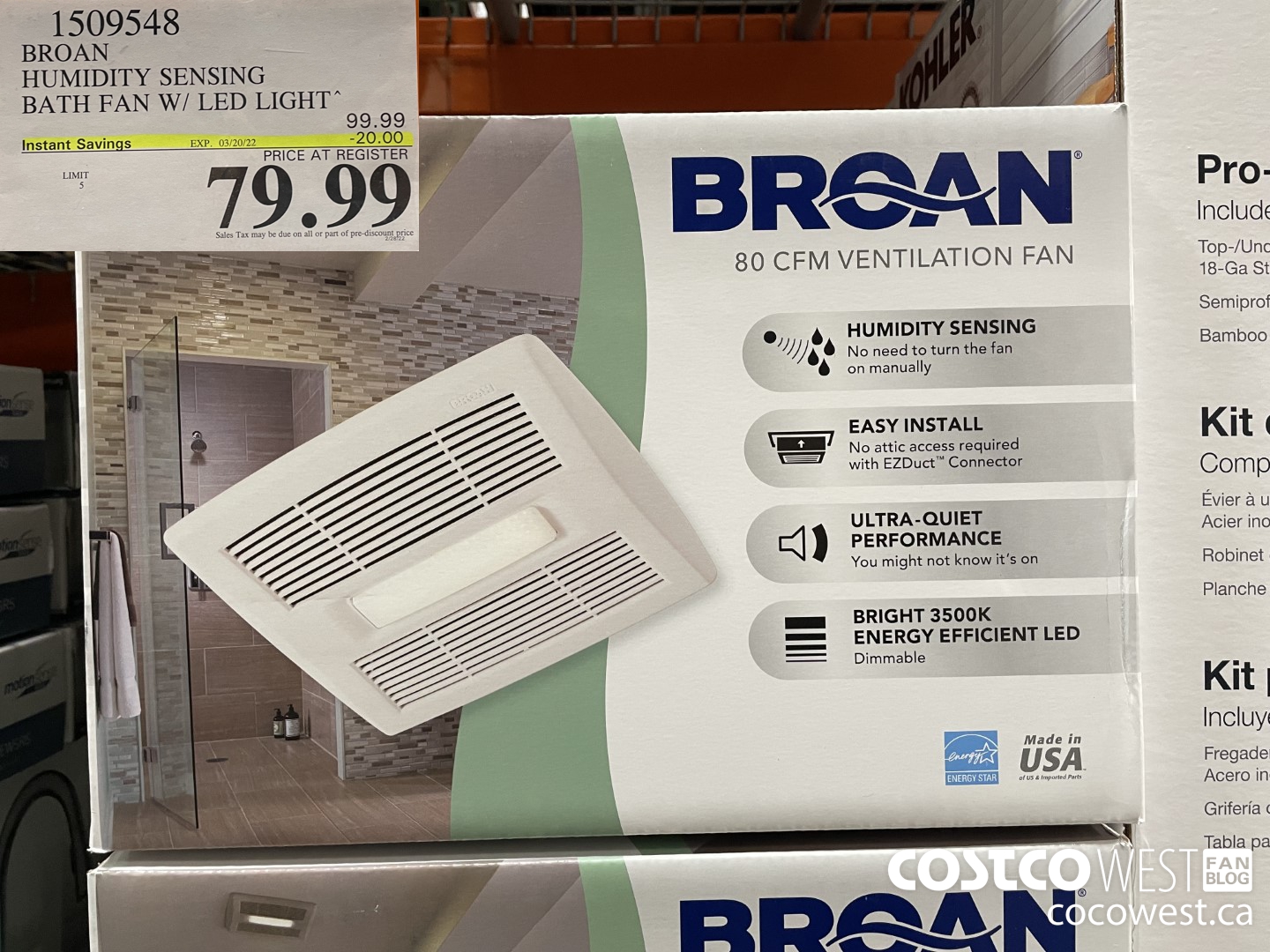 1509548 BROAN HUMIDITY SENSING BATH FAN W/ LED LIGHT  ($20.00 INSTANT SAVINGS EXPIRES ON 2022-03-20) $79.99