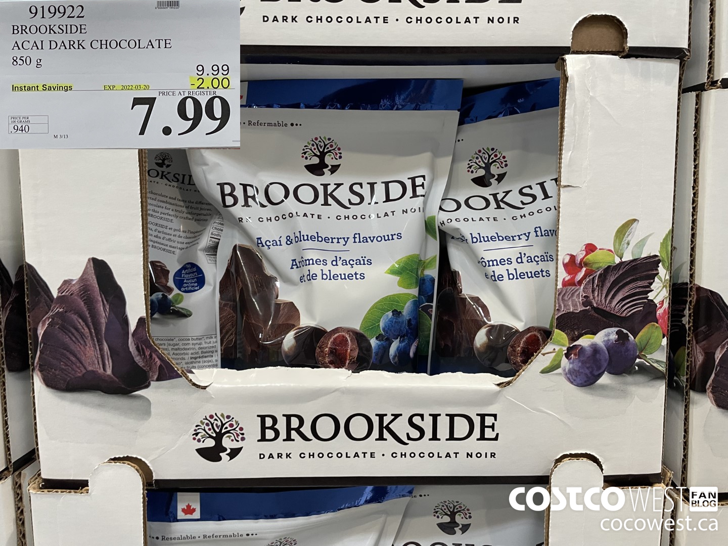 919922 BROOKSIDE ACAI DARK CHOCOLATE 850 g ($2.00 INSTANT SAVINGS EXPIRES ON 2022-03-20) $7.99