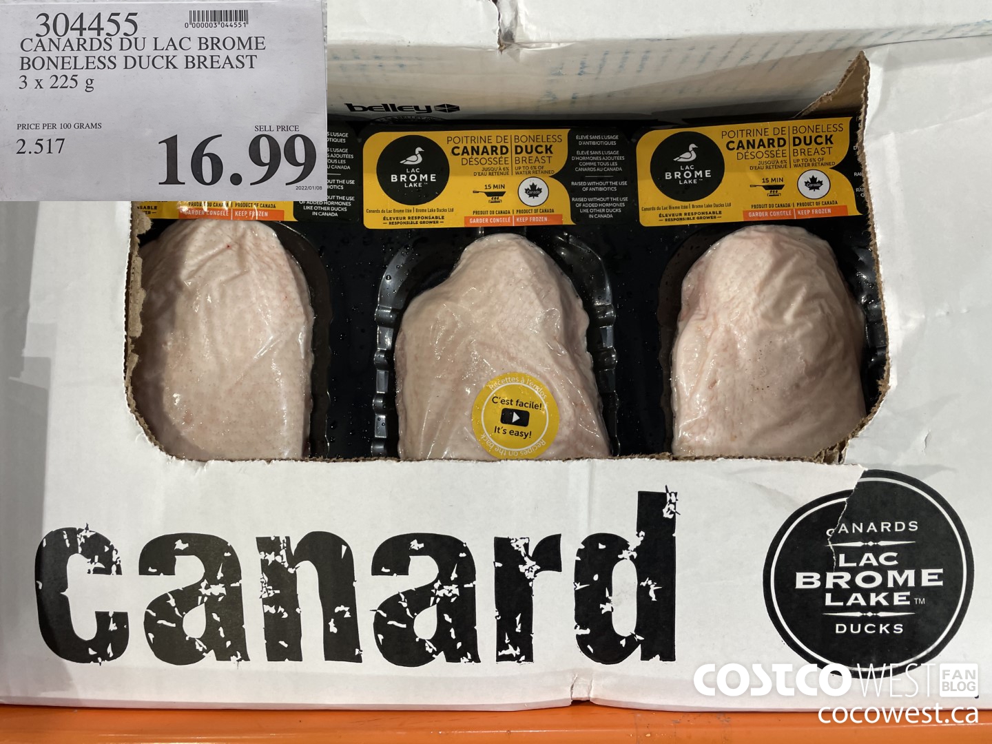 304455 CANARDS DU LAC BROME BONELESS DUCK BREAST 3 x 225 g $16.99