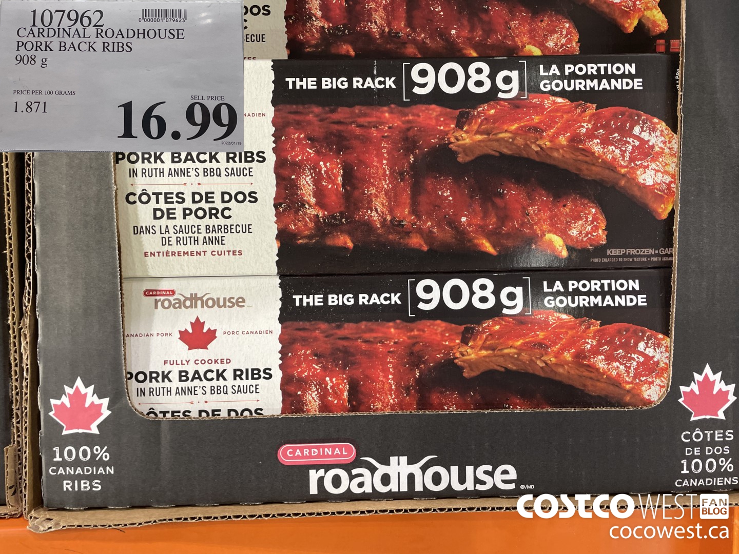 107962 CARDINAL ROADHOUSE PORK BACK RIBS 908 g $16.99