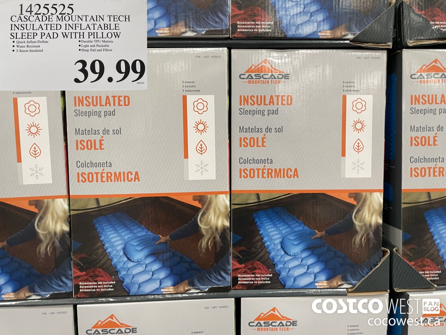 1425525 CASCADE MOUNTAIN TECH INSULATED INFLATABLE SLEEP PAD WITH PILLOW $39.99