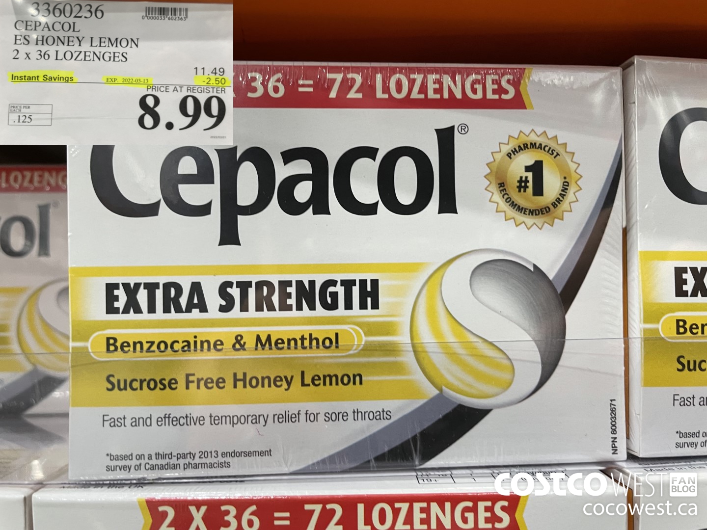 3360236 CEPACOL ES HONEY LEMON 2 X 36 LOZENGES ($2.50 INSTANT SAVINGS EXPIRES ON 2022-03-13) $8.99