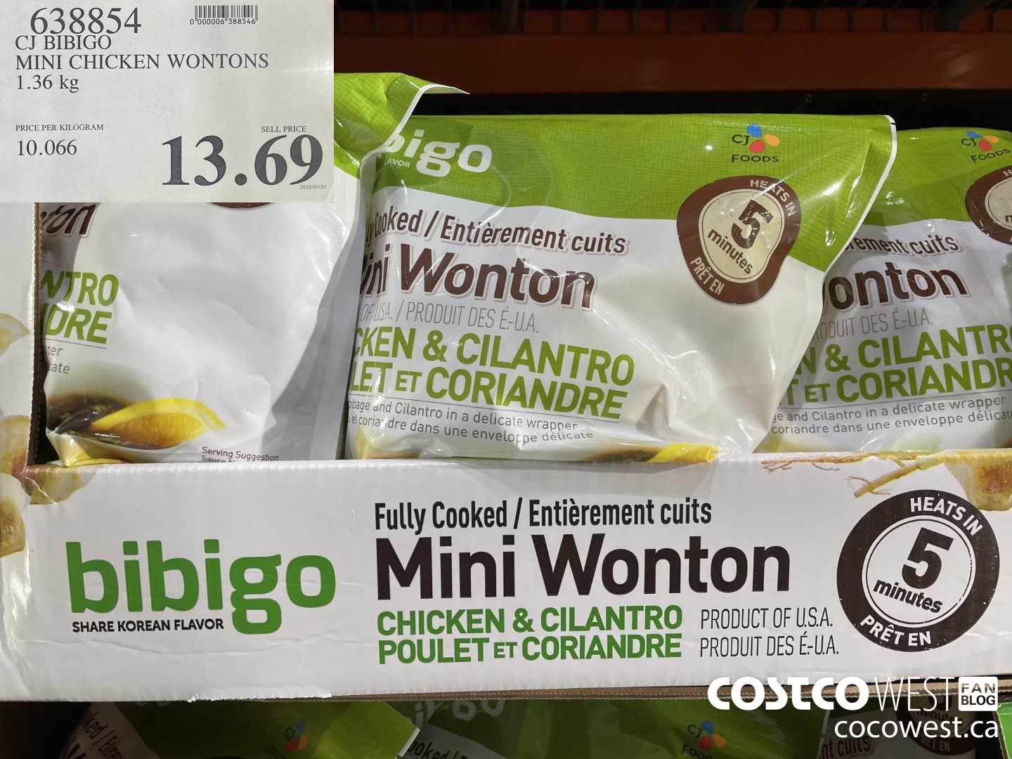 638854 CJ BIBIGO MINI CHICKEN WONTONS 1.36 KG $13.69