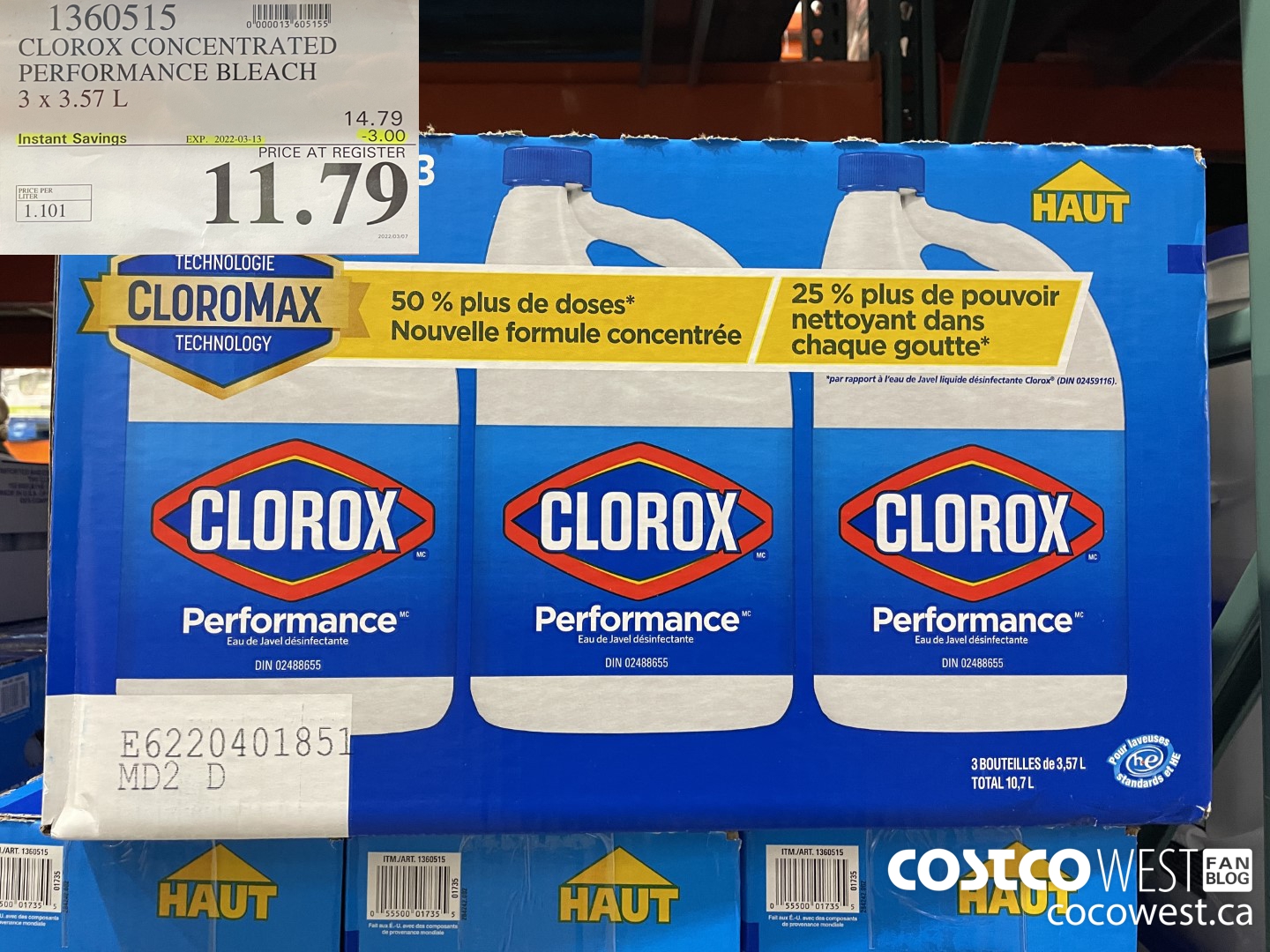 1360515 CLOROX CONCENTRATED PERFORMANCE BLEACH 3 x 3.57 L ($3.00 INSTANT SAVINGS EXPIRES ON 2022-03-13) $11.79