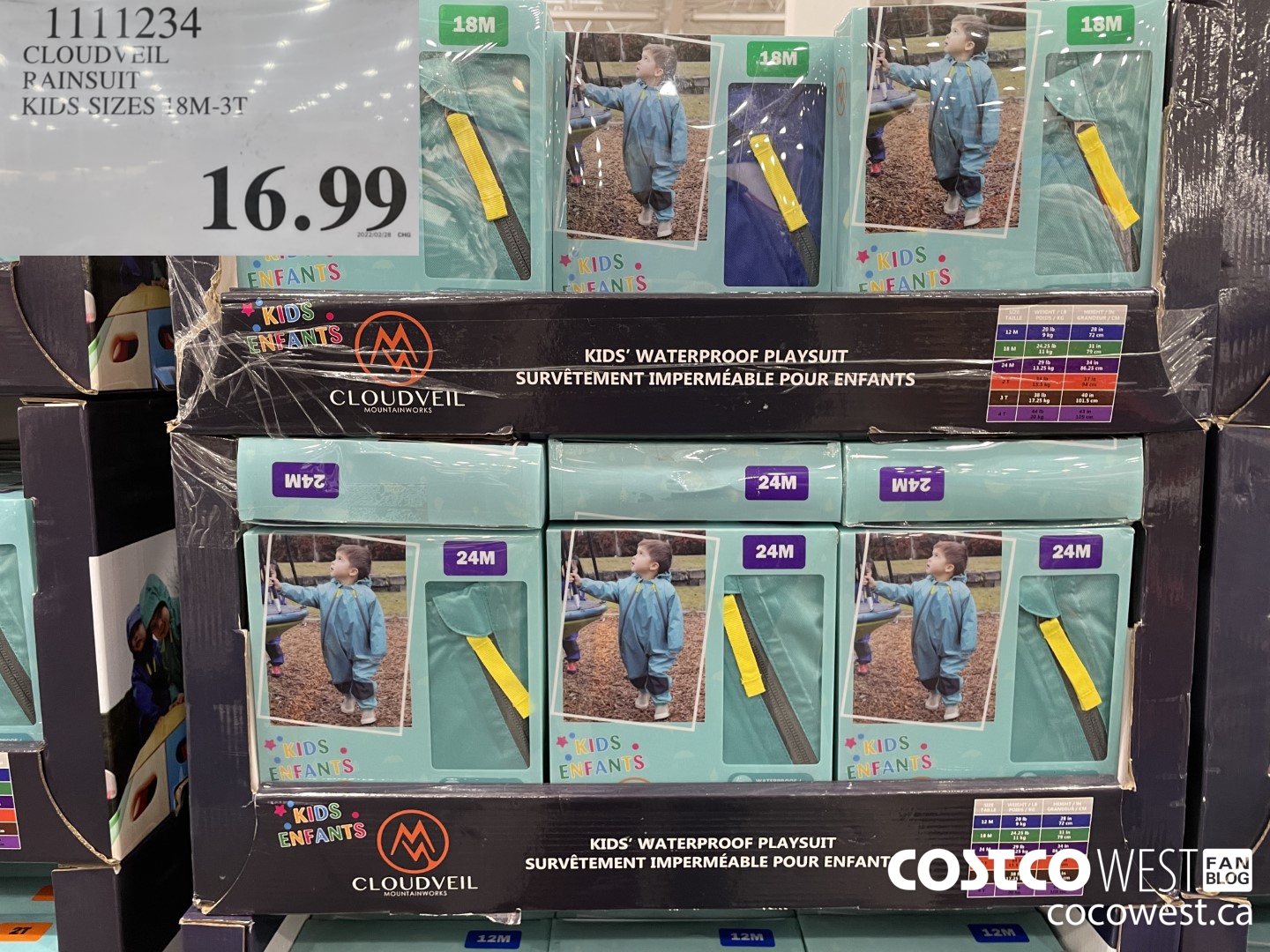 1111234 CLOUDVEIL RAINSUIT KIDS SIZES 18M-3T  $16.99