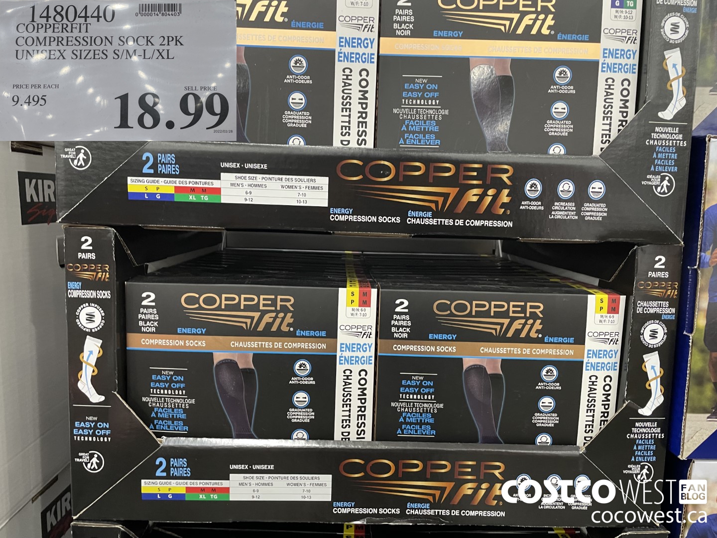 1480440 COPPERFIT COMPRESSION SOCK 2PK UNISEX SIZES S/M-L/XL $18.99