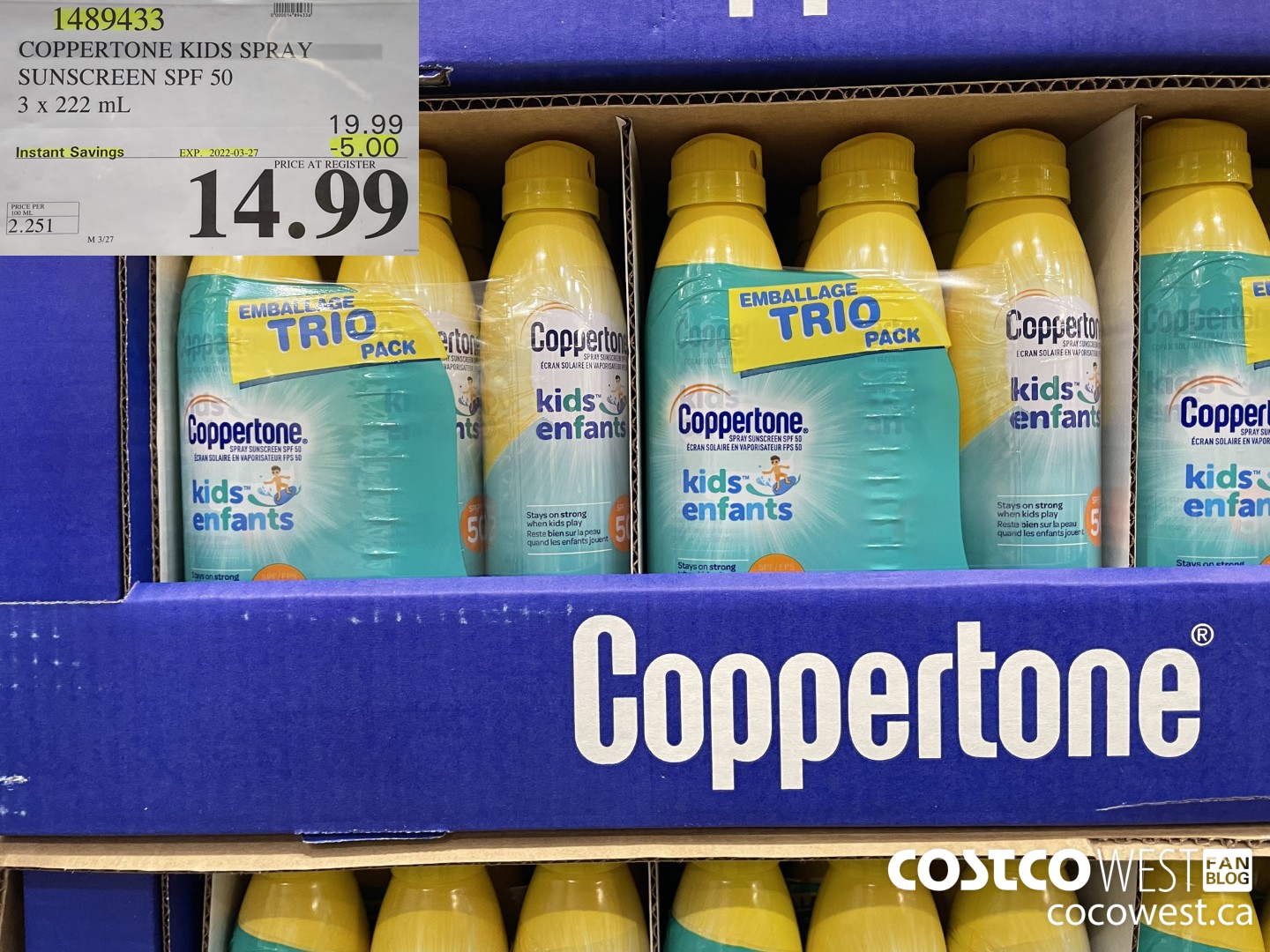 1489433 COPPERTONE KIDS SPRAY SUNSCREEN SPF 50 3 x 222 mL ($5.00 INSTANT SAVINGS EXPIRES ON 2022-03-27) $14.99