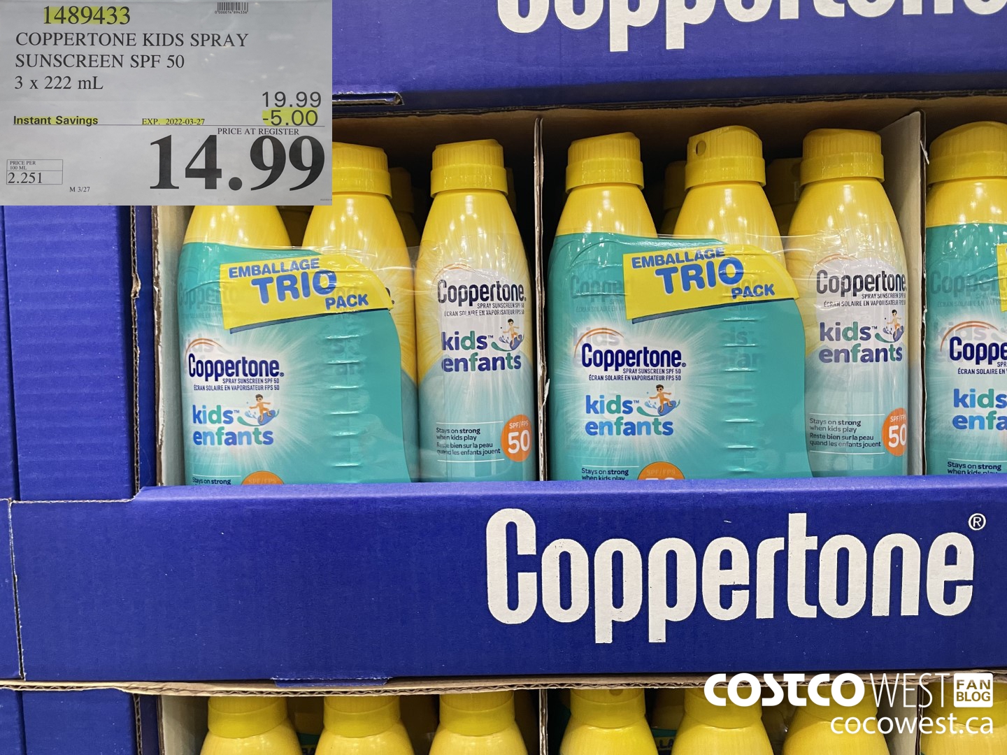 1489433 COPPERTONE KIDS SPRAY SUNSCREEN SPF 50 3 x 222 mL ($5.00 INSTANT SAVINGS EXPIRES ON 2022-03-27) $14.99