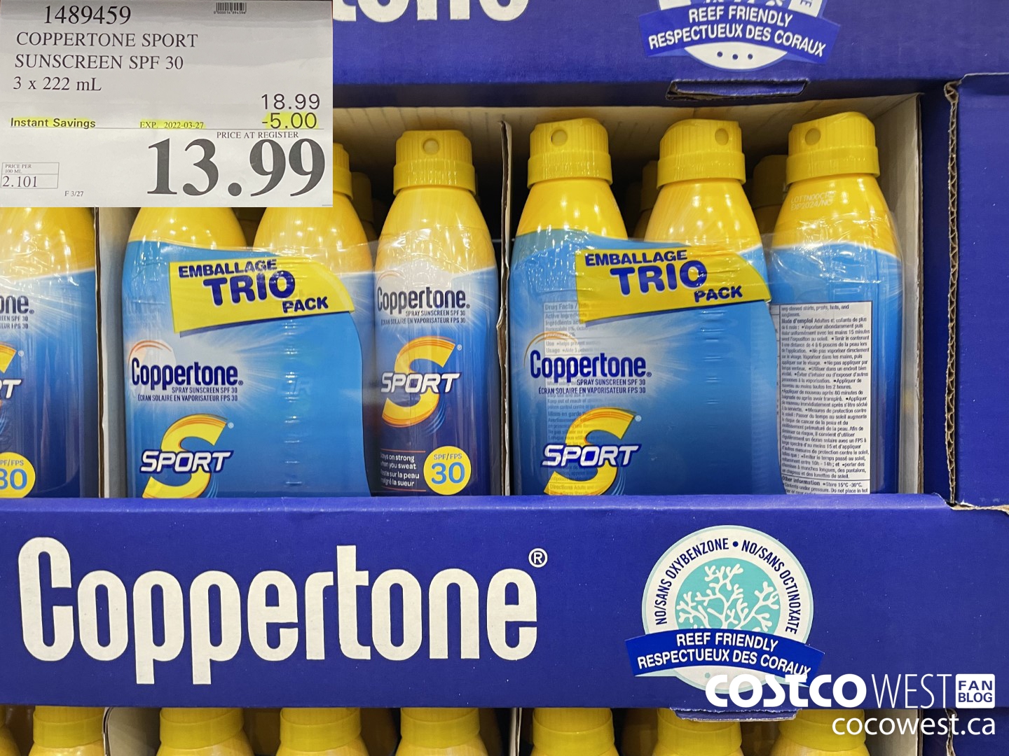 1489459 COPPERTONE SPORT SUNSCREEN SPF 30 3 x 222 mL ($5.00 INSTANT SAVINGS EXPIRES ON 2022-03-27) $13.99