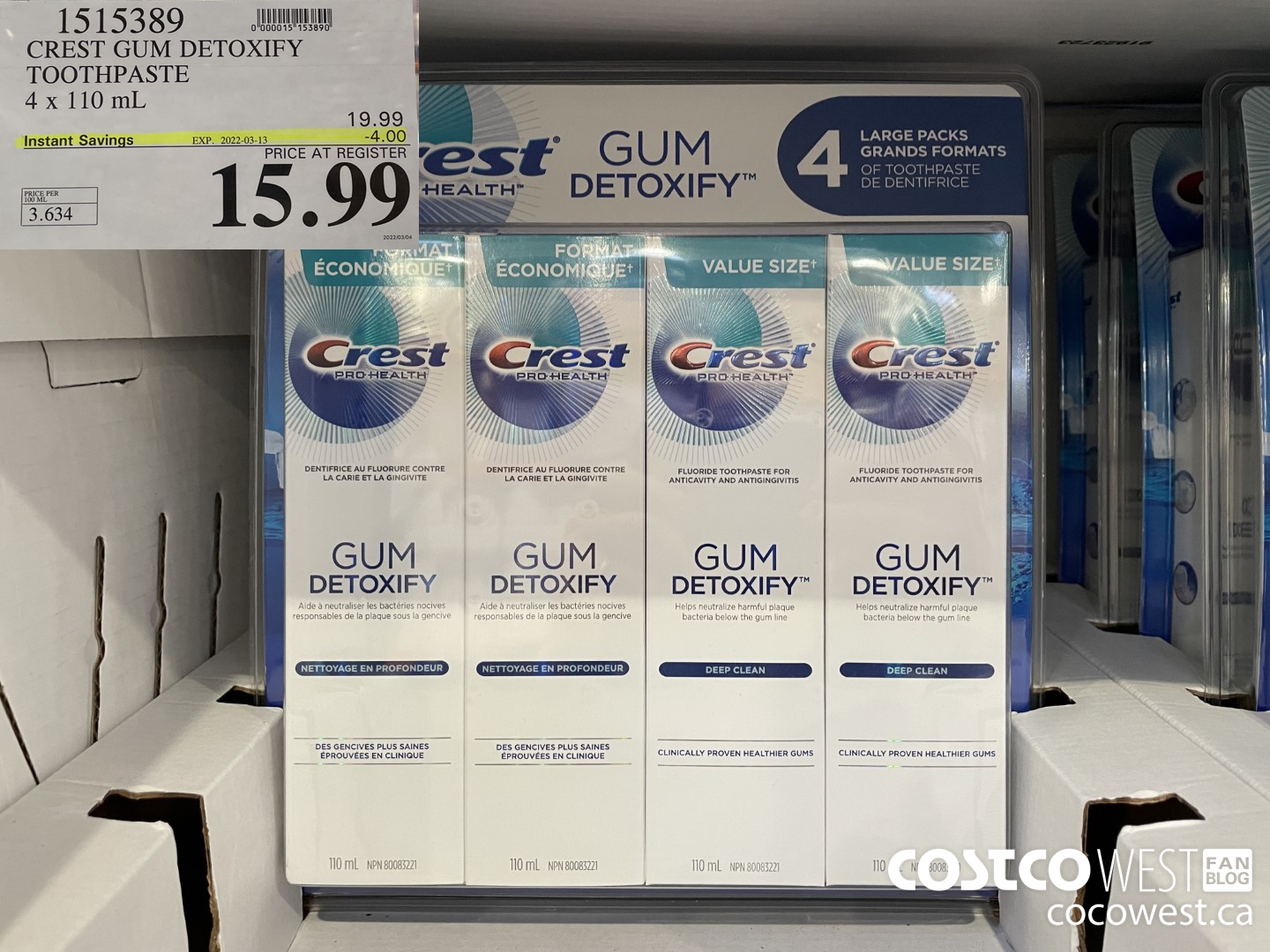 1515389 CREST GUM DETOXIFY TOOTHPASTE 4 x 110 mL ($4.00 INSTANT SAVINGS EXPIRES ON 2022-03-13) $15.99