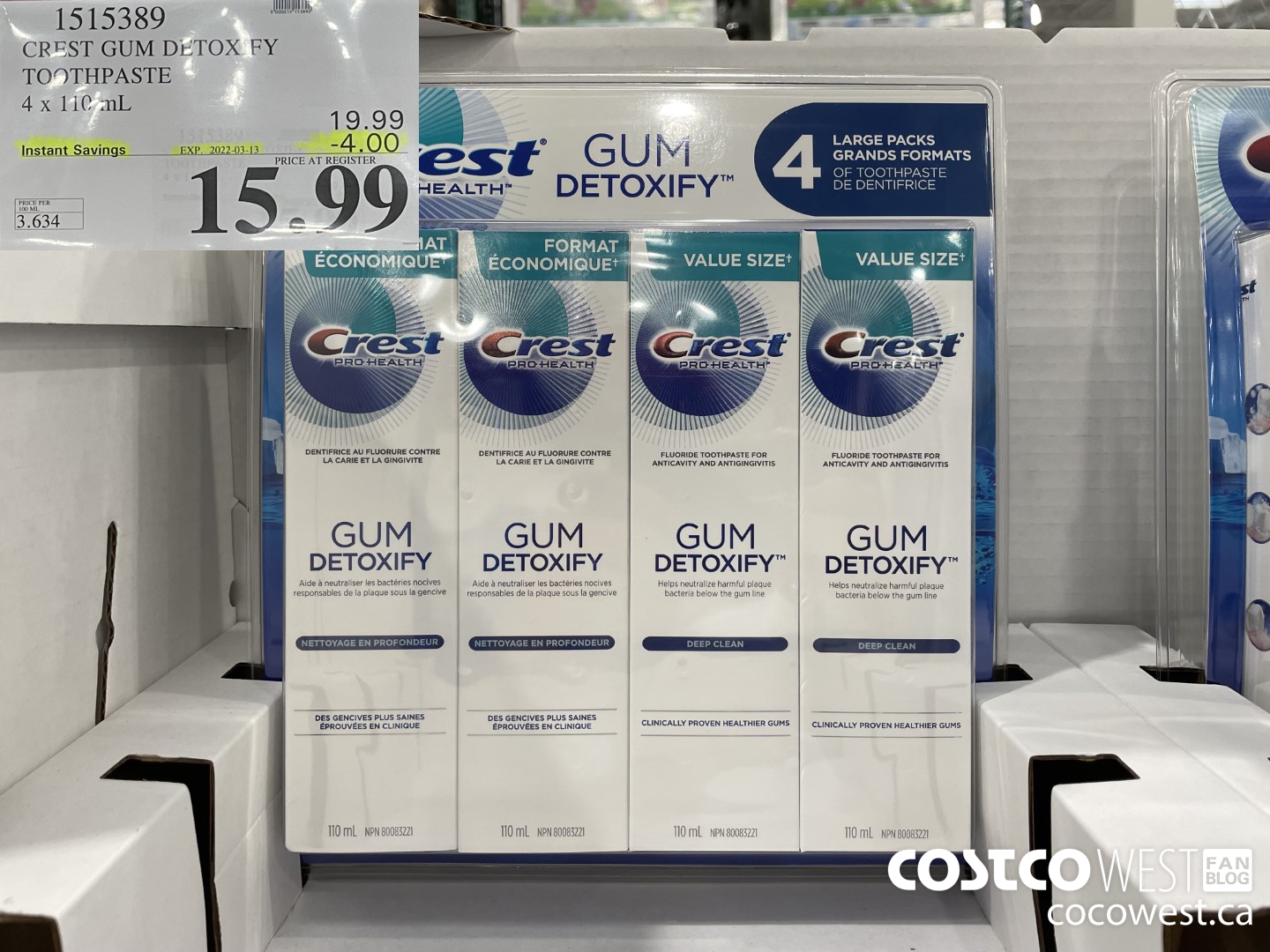 1515389 CREST GUM DETOXIFY TOOTHPASTE 4 x 110 mL ($4.00 INSTANT SAVINGS EXPIRES ON 2022-03-13) $15.99
