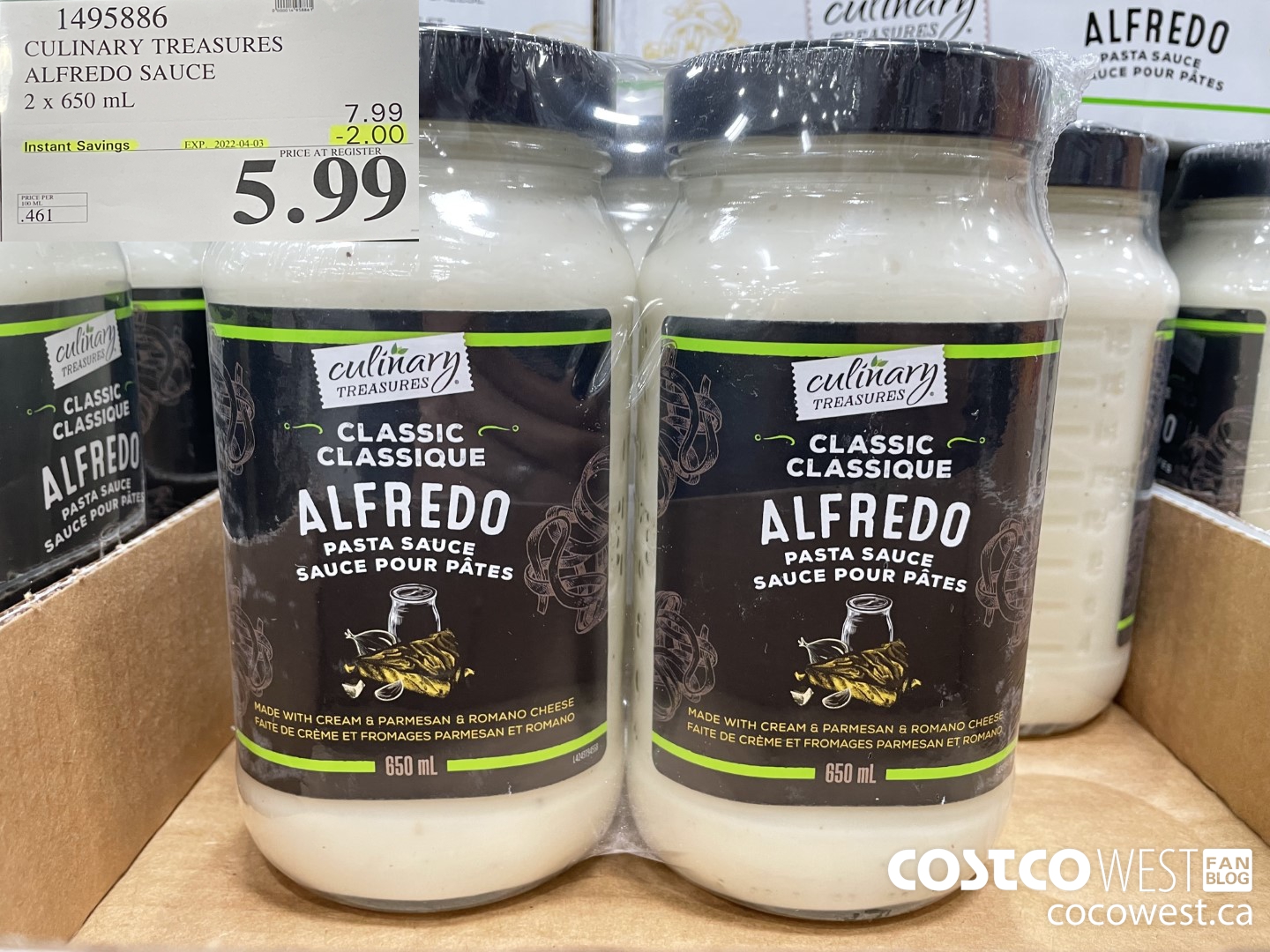 1495886 CULINARY TREASURES ALFREDO SAUCE 2 x 650 mL ($2.00 INSTANT SAVINGS EXPIRES ON 2022-04-03) $5.99