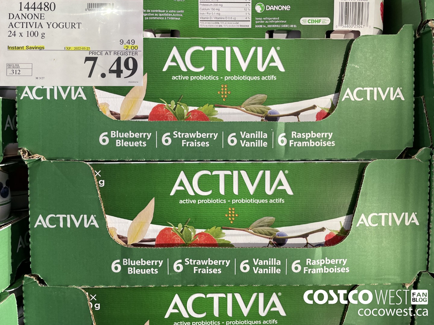 144480 DANONE ACTIVIA YOGURT 24 x 100 g ($2.00 INSTANT SAVINGS EXPIRES ON 2022-03-27) $7.49