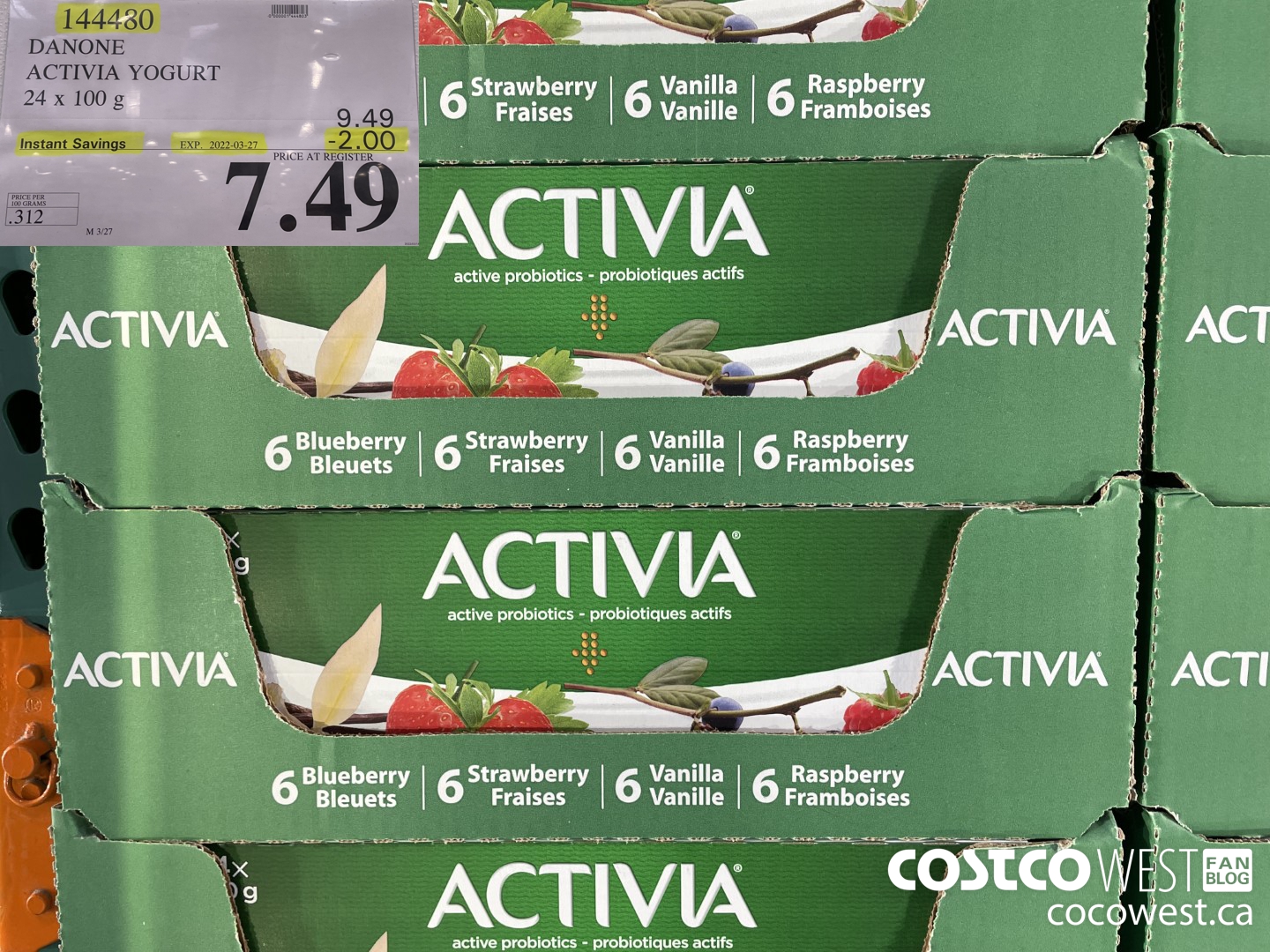 144480 DANONE ACTIVIA YOGURT 24 x 100 g ($2.00 INSTANT SAVINGS EXPIRES ON 2022-03-27) $7.49