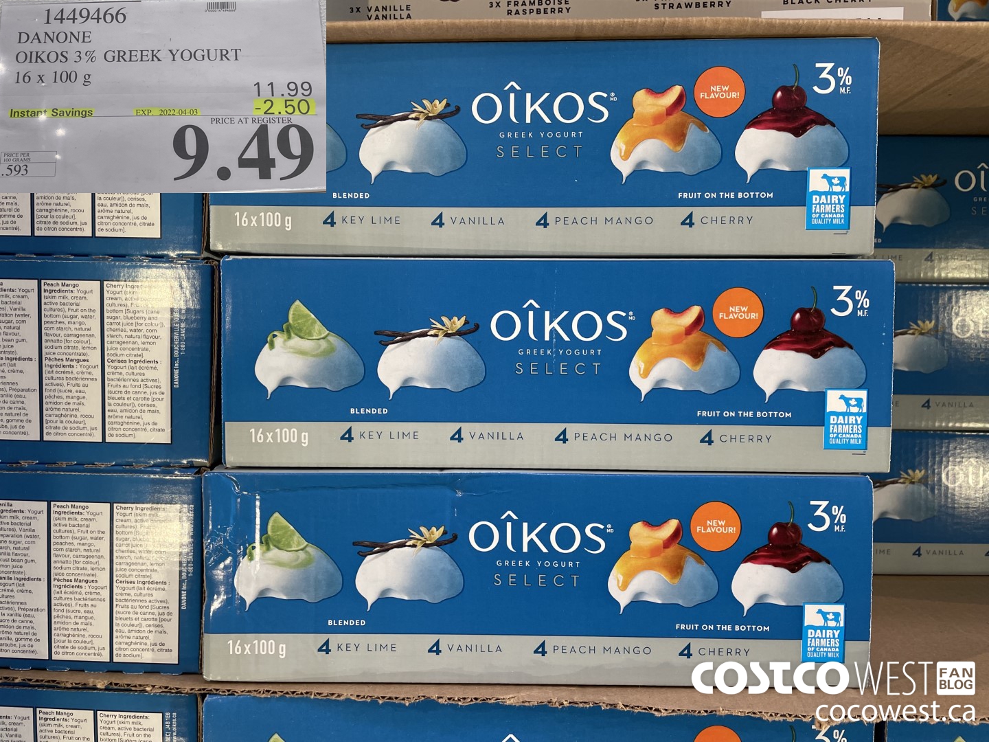 1449466 DANONE OIKOS 3% GREEK YOGURT 16 x 100g ($2.50 INSTANT SAVINGS EXPIRES ON 2022-04-03) $9.49