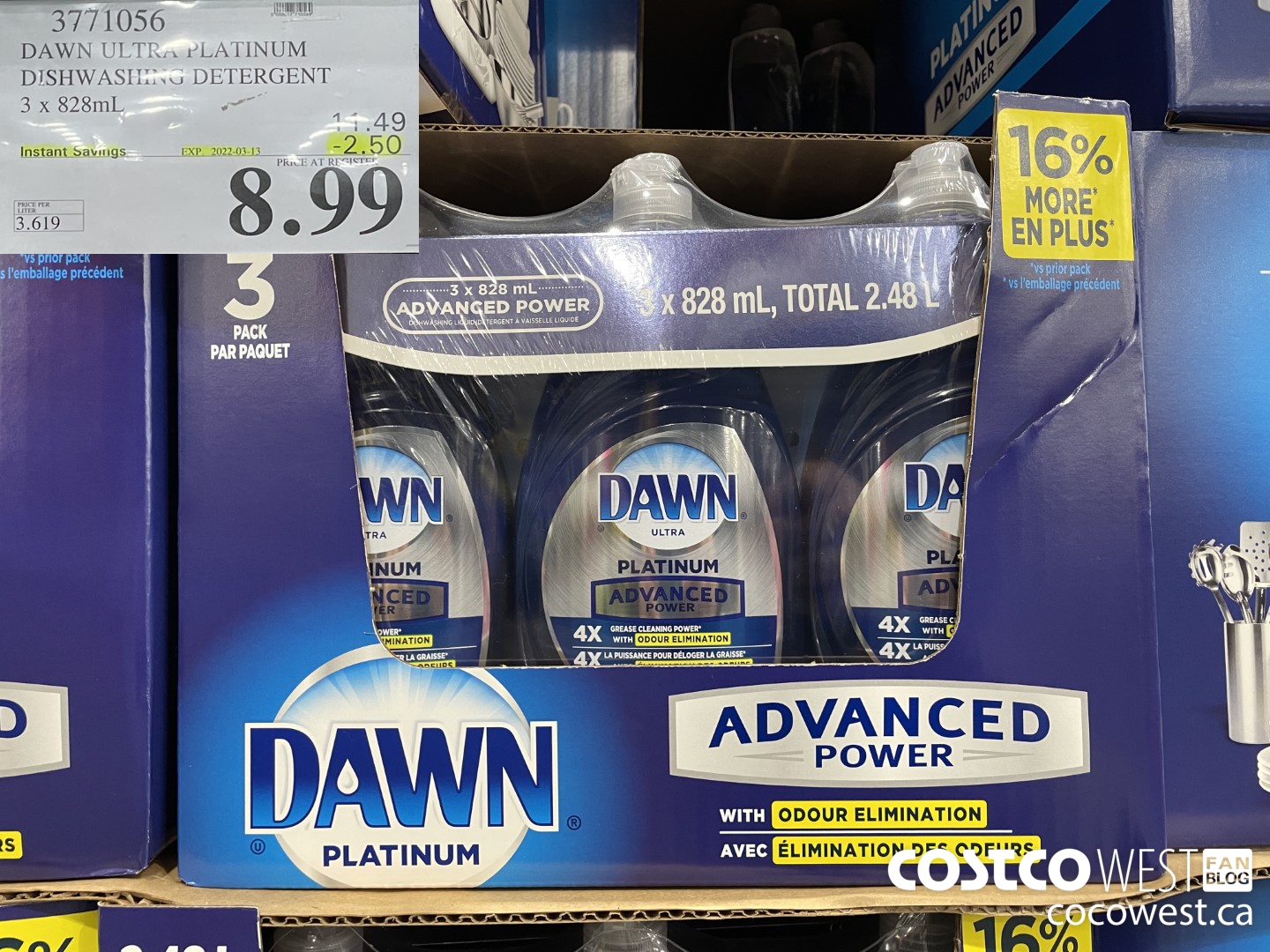 3771056 DAWN ULTRA PLATINUM DISHWASHING DETERGENT 3 x 828mL ($2.50 INSTANT SAVINGS EXPIRES ON 2022-03-13) $8.99
