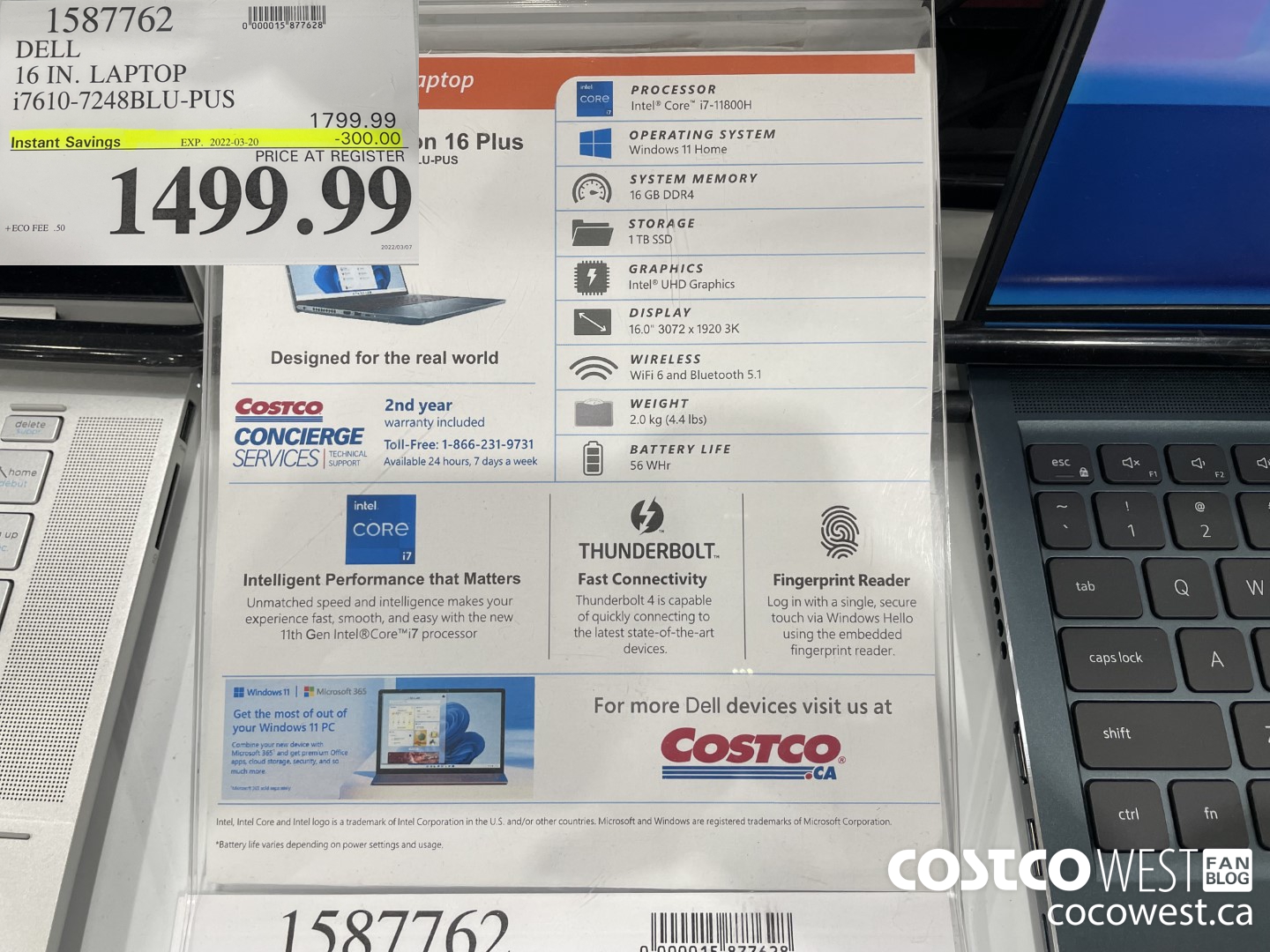 1587762 DELL 16 IN. LAPTOP i7610-7248BLU-PUS ($300.00 INSTANT SAVINGS EXPIRES ON 2022-03-20) $1499.99