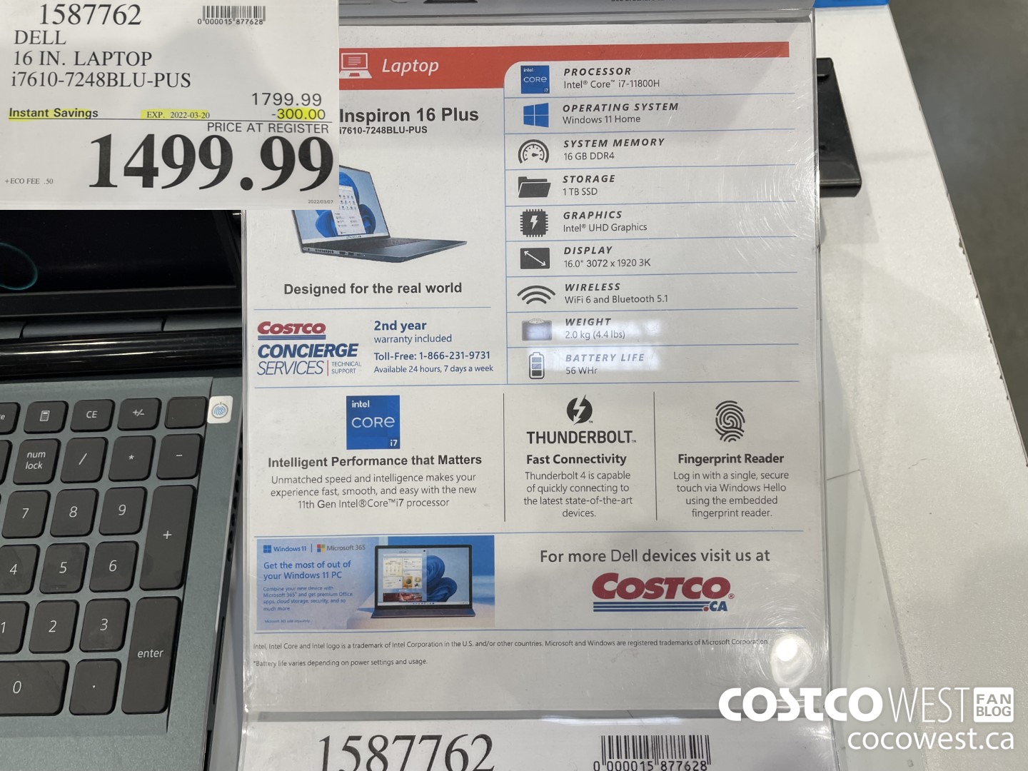 1587762 DELL 16 IN. LAPTOP i7610-7248BLU-PUS ($300.00 INSTANT SAVINGS EXPIRES ON 2022-03-20) $1499.99