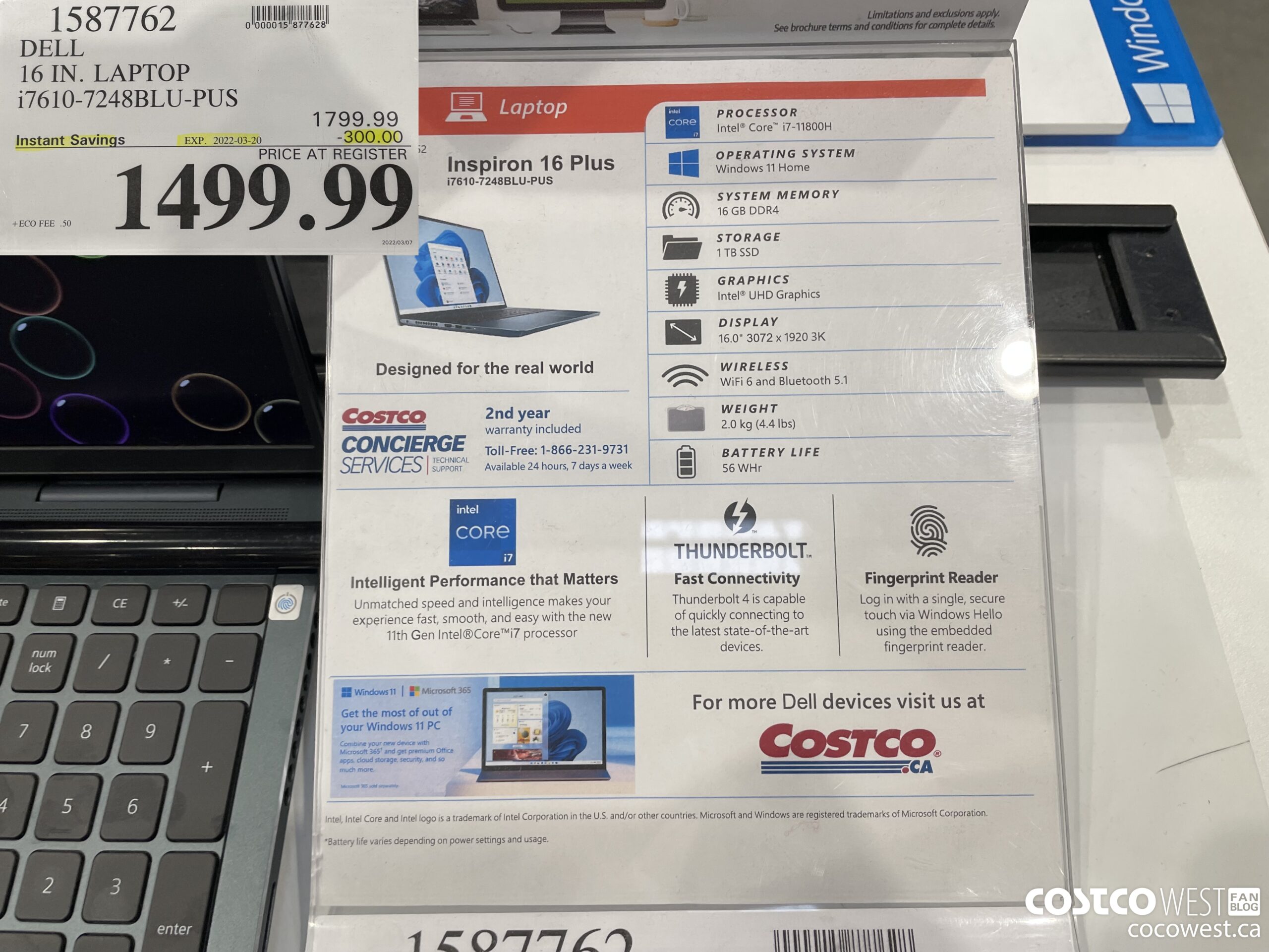 1587762 DELL 16 IN. LAPTOP i7610-7248BLU-PUS ($300.00 INSTANT SAVINGS EXPIRES ON 2022-03-20) $1499.99