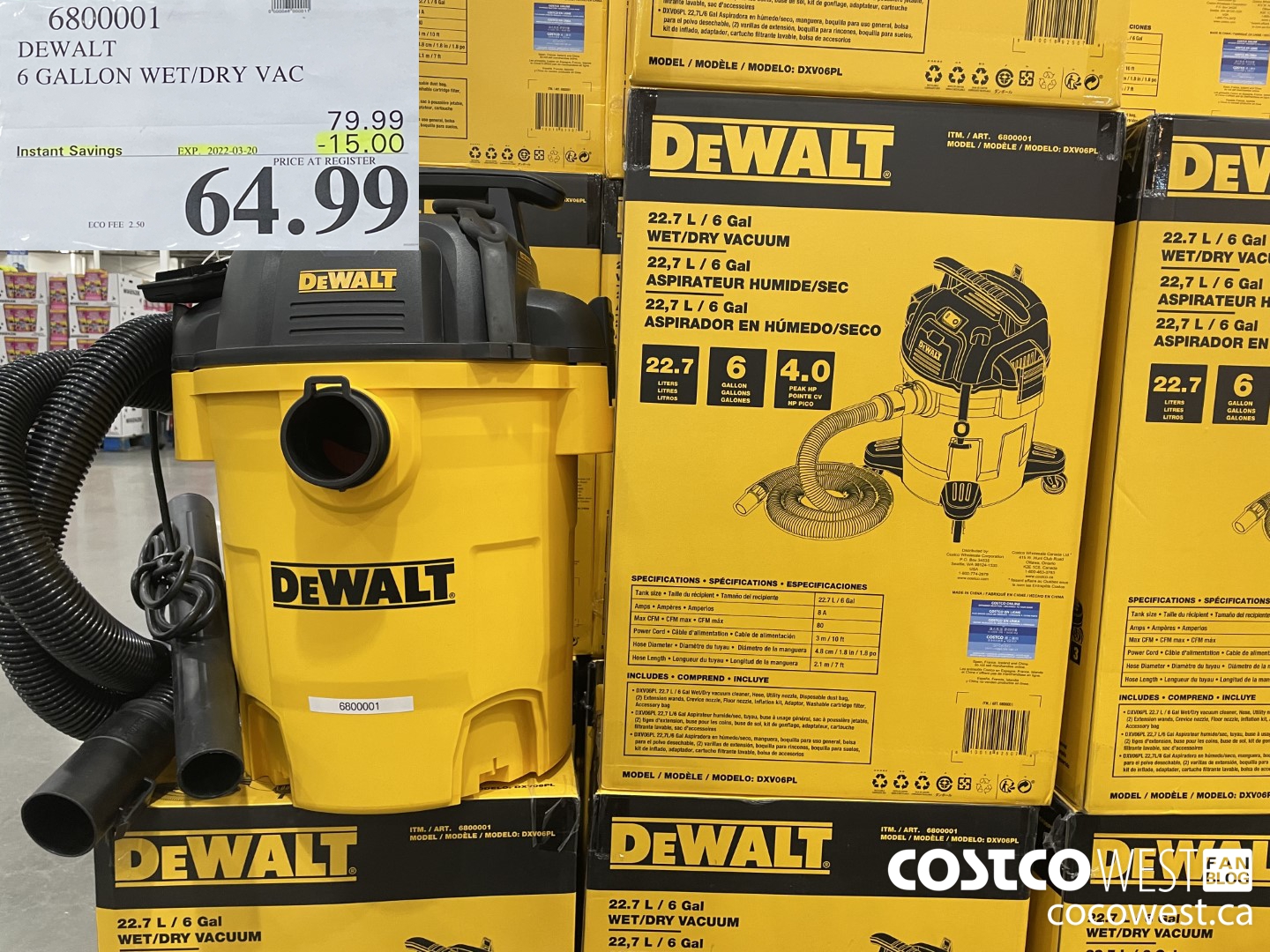 6800001 DEWALT 6 GALLON WET/DRY VAC ($15.00 INSTANT SAVINGS EXPIRES ON 2022-03-20) $64.99