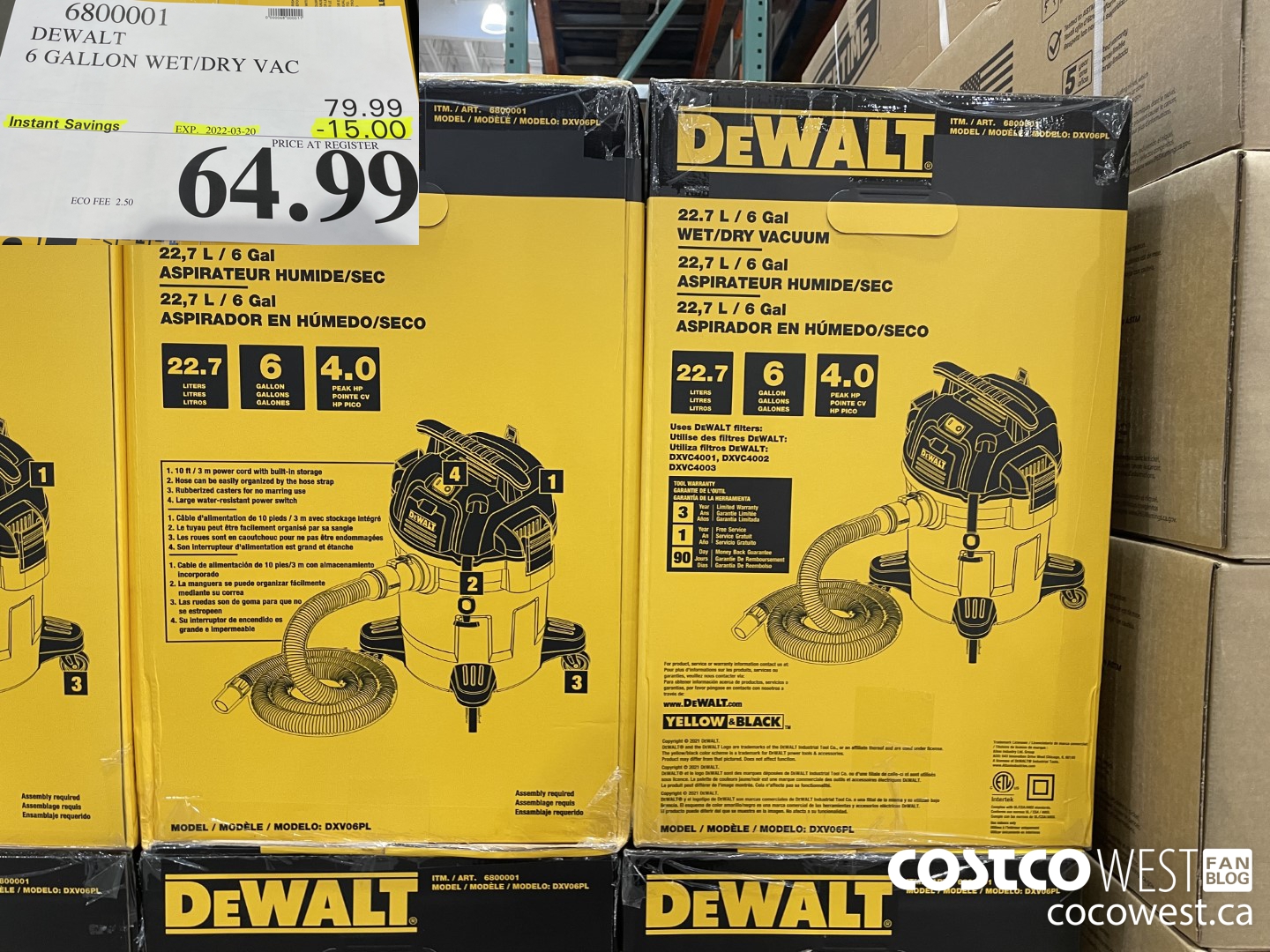 6800001 DEWALT 6 GALLON WET/DRY VAC ($15.00 INSTANT SAVINGS EXPIRES ON 2022-03-20) $64.99