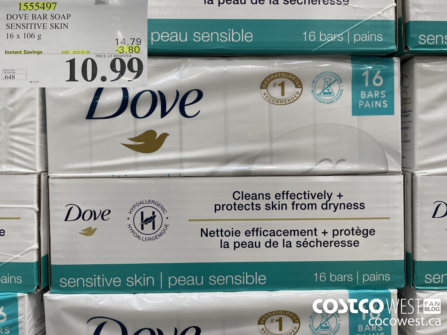 1555497 DOVE BAR SOAP SENSITIVE SKIN 16 x 106 g ($3.80 INSTANT SAVINGS EXPIRES ON 2022-03-20) $10.99