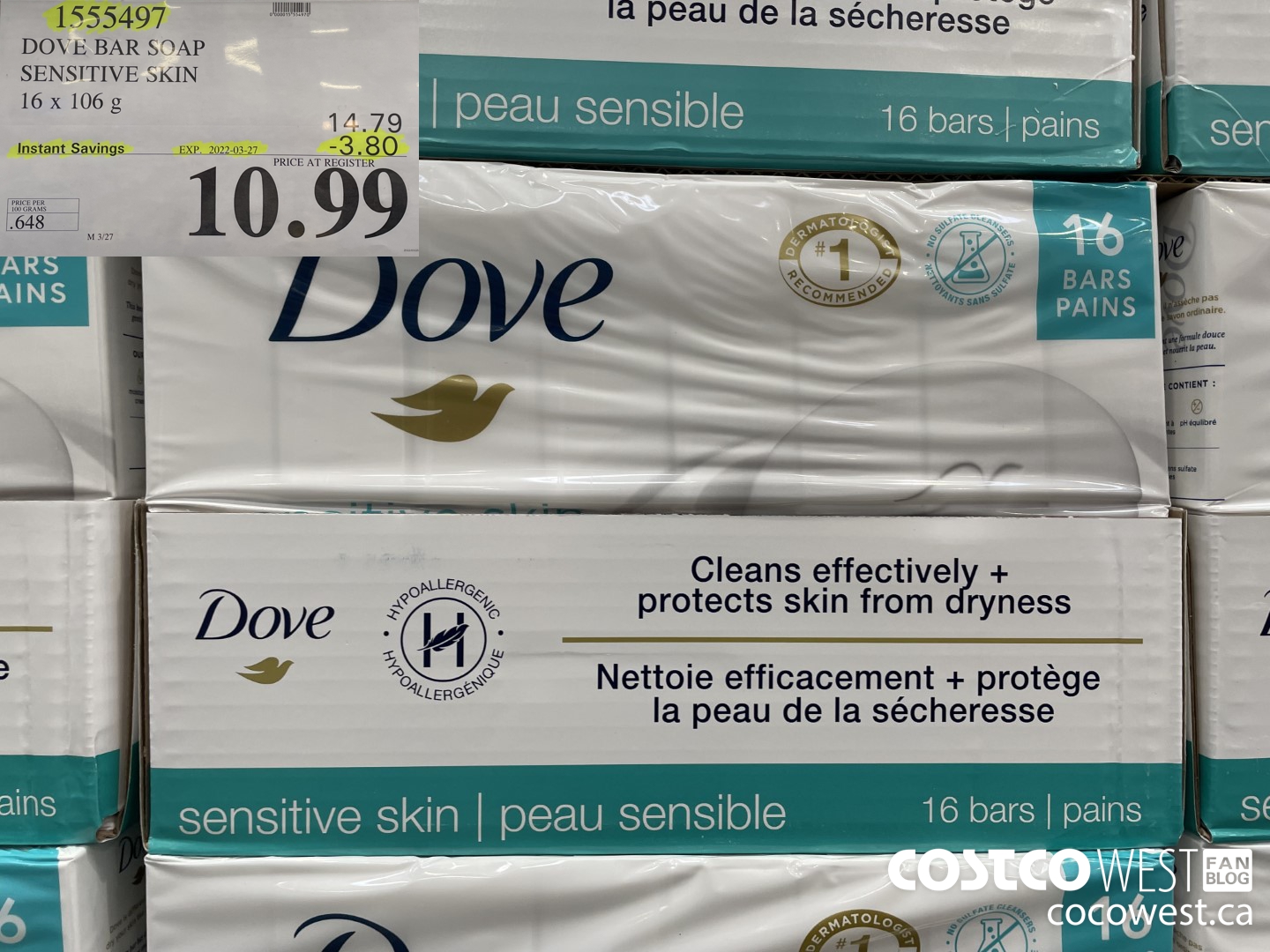 1555497 DOVE BAR SOAP SENSITIVE SKIN 16 x 106 g ($3.80 INSTANT SAVINGS EXPIRES ON 2022-03-27) $10.99
